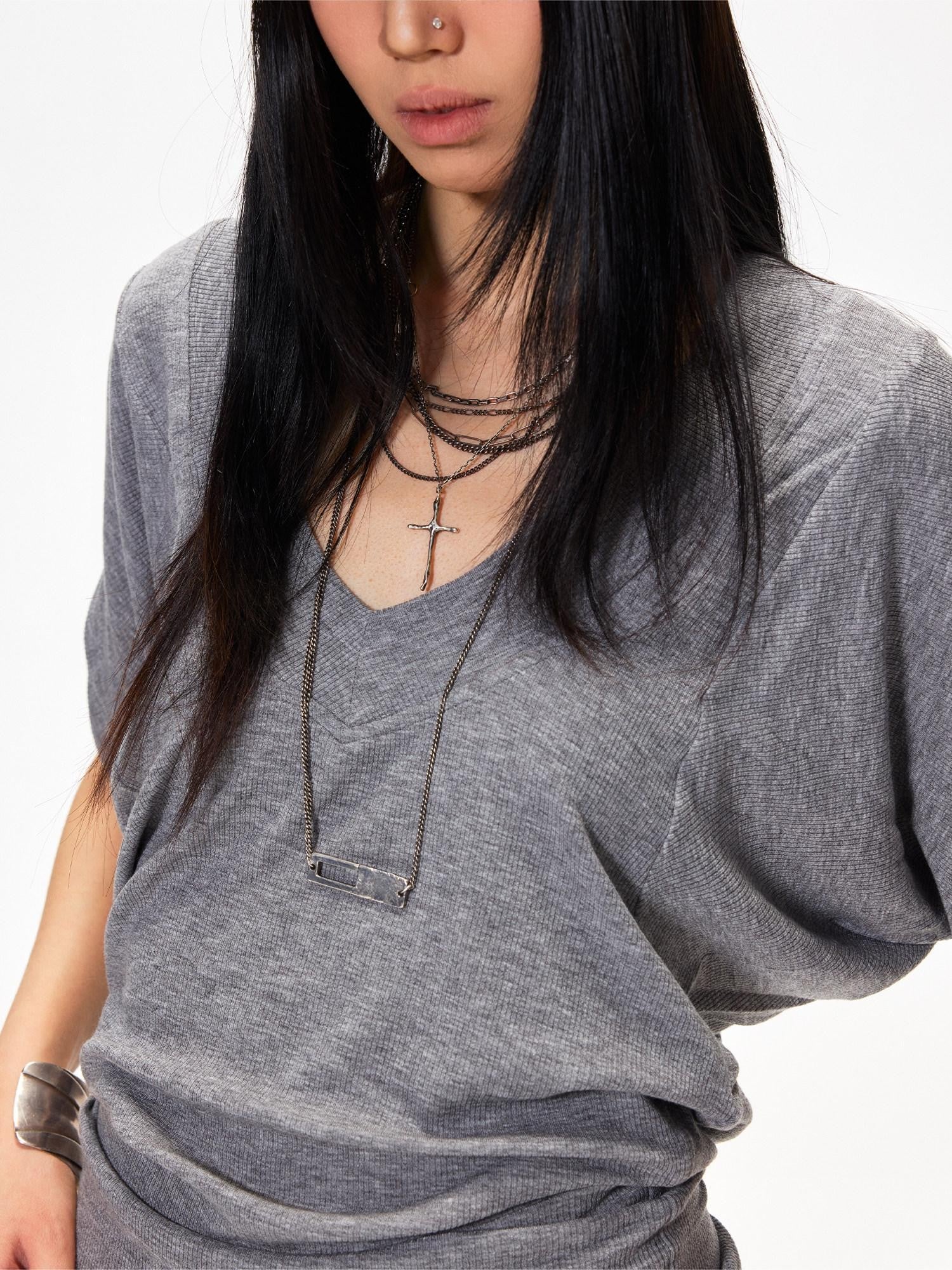 3MODE Gray Sexy Batwing V-neck Women&