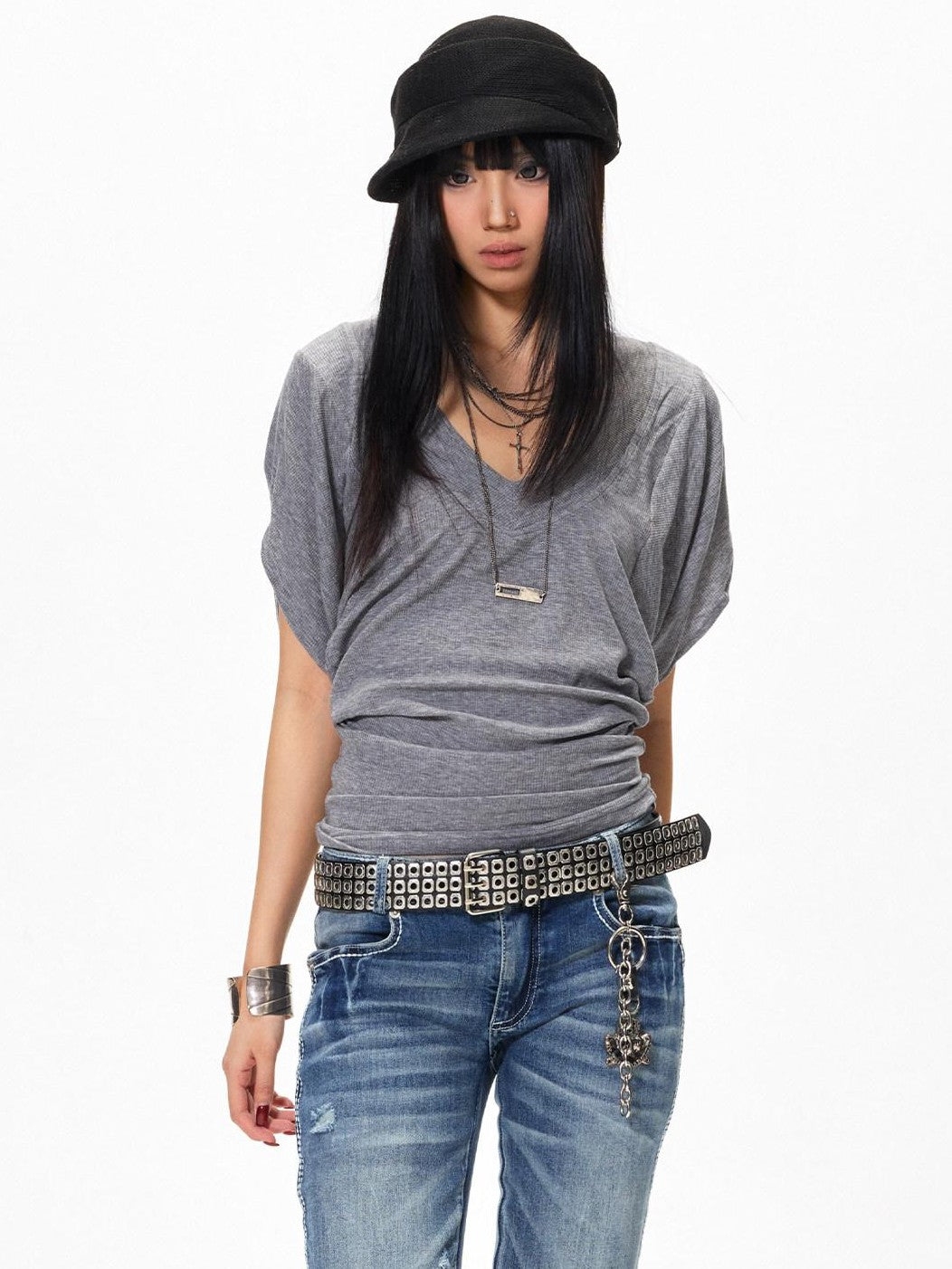 3MODE Gray Sexy Batwing V-neck Women&