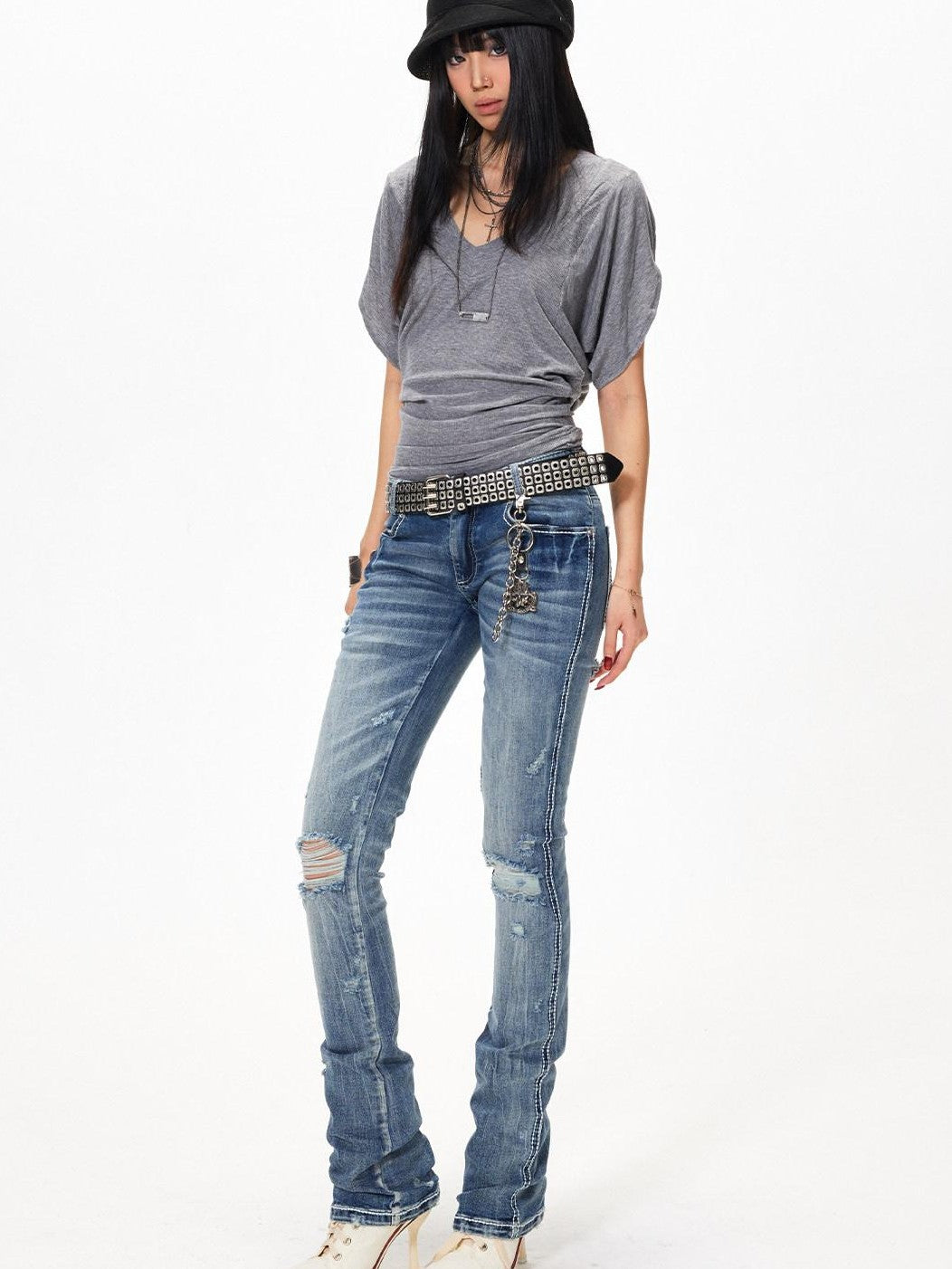 3MODE Gray Sexy Batwing V-neck Women&