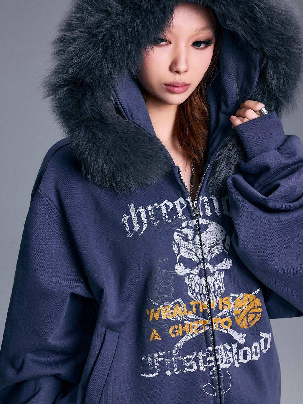 3MODE Heather Grey Faux Fur Hooded Cartoon Loose Women&