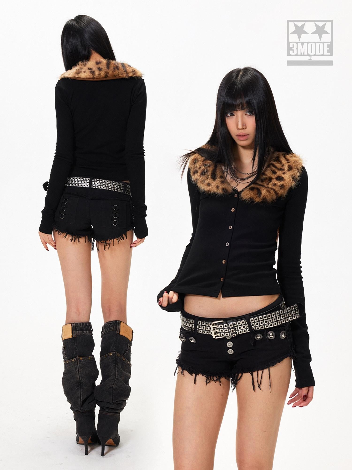 3MODE Leopard Print Fur Collar Cropped Fitted Women&