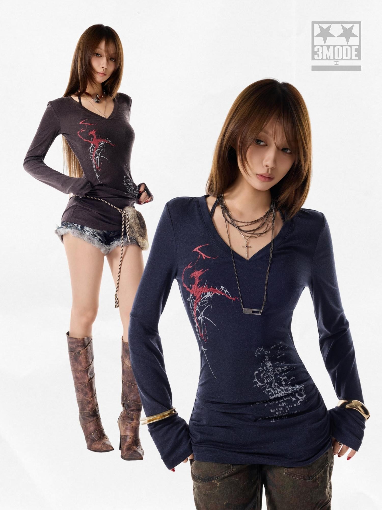 3MODE Navy Brown Printed V-neck Loose Street Women&