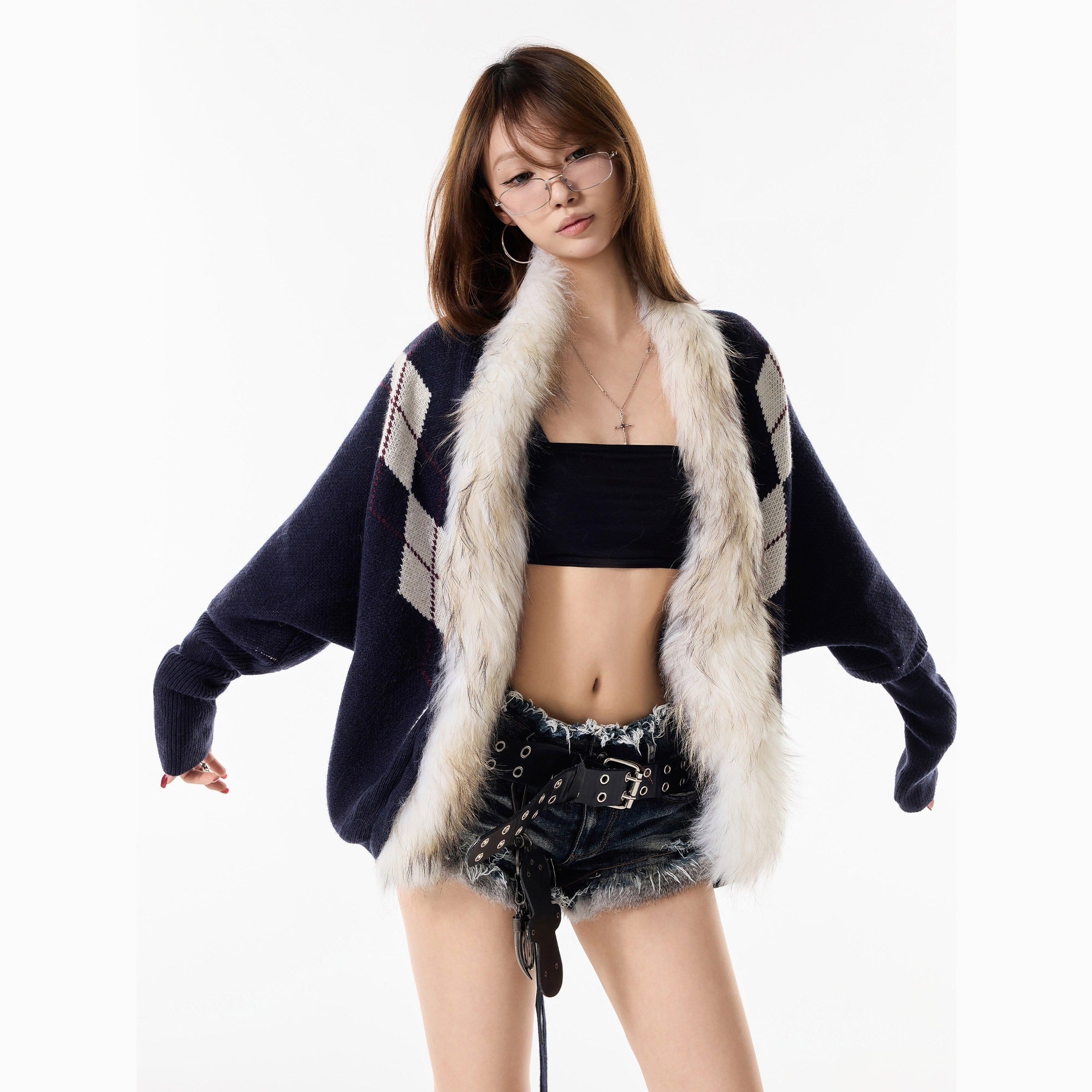 3MODE_Navy_Diamond_Knit_Fur_Collar_Oversized_Women&
