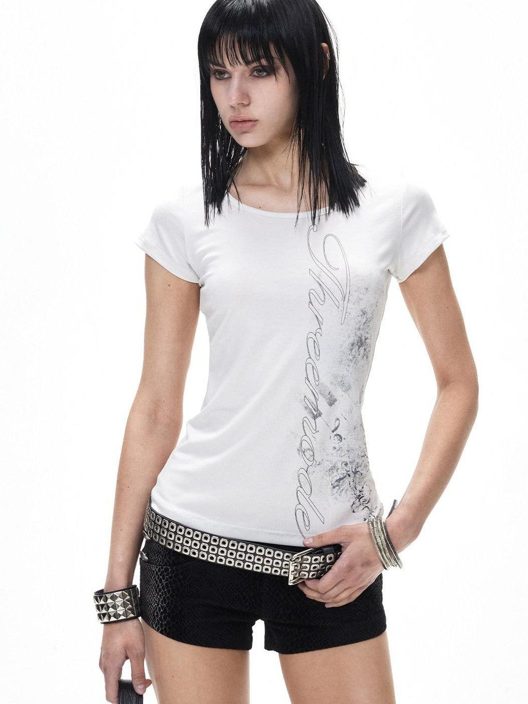 3MODE Punk Wing Star Print Slim Fit Round Neck Women&