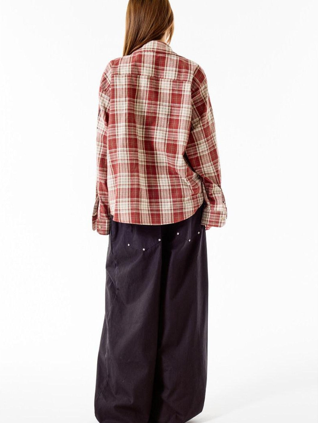 3MODE Retro Plaid Lapel Collar Long Sleeve Loose Open Front Women&