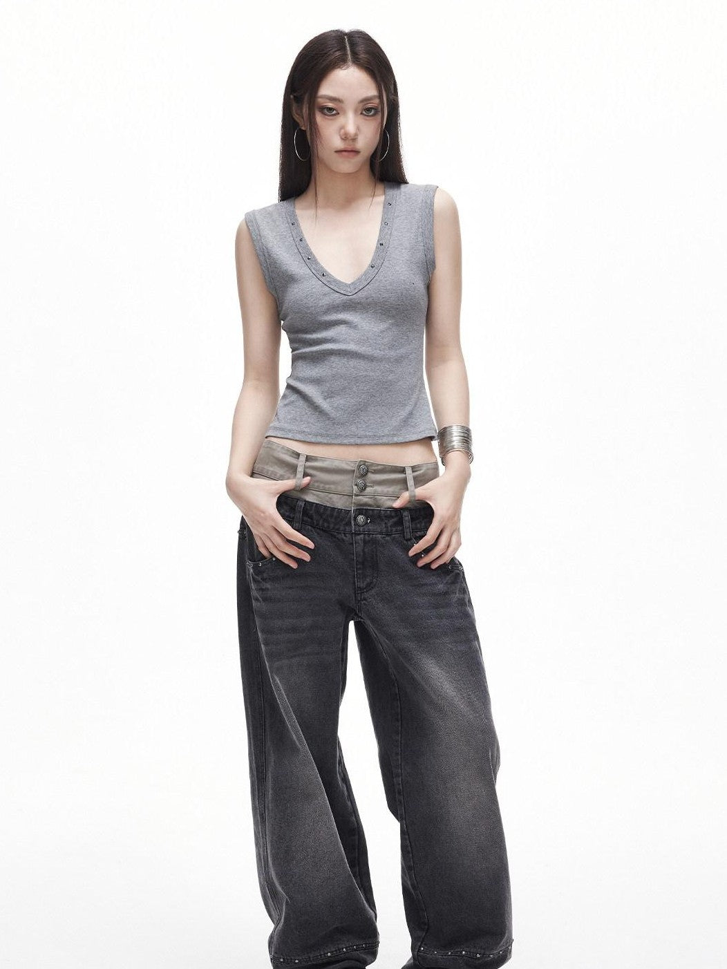 3MODE Retro Studded V-neck H Shape Slim Women&