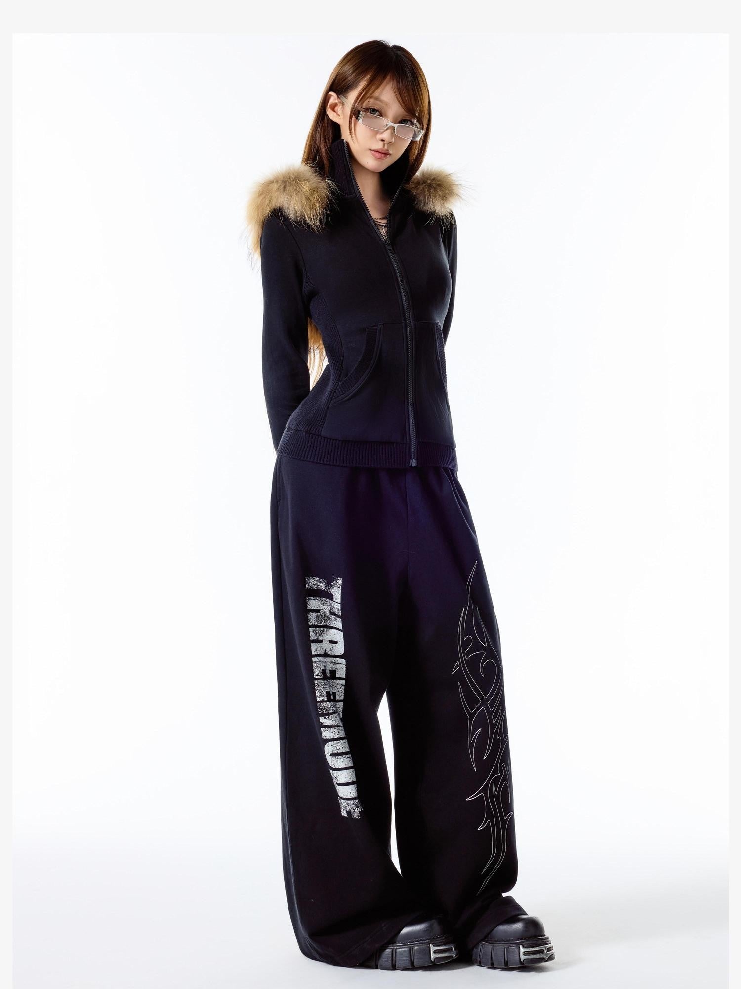 3MODE Solid Black Hooded Slim High Collar Women&