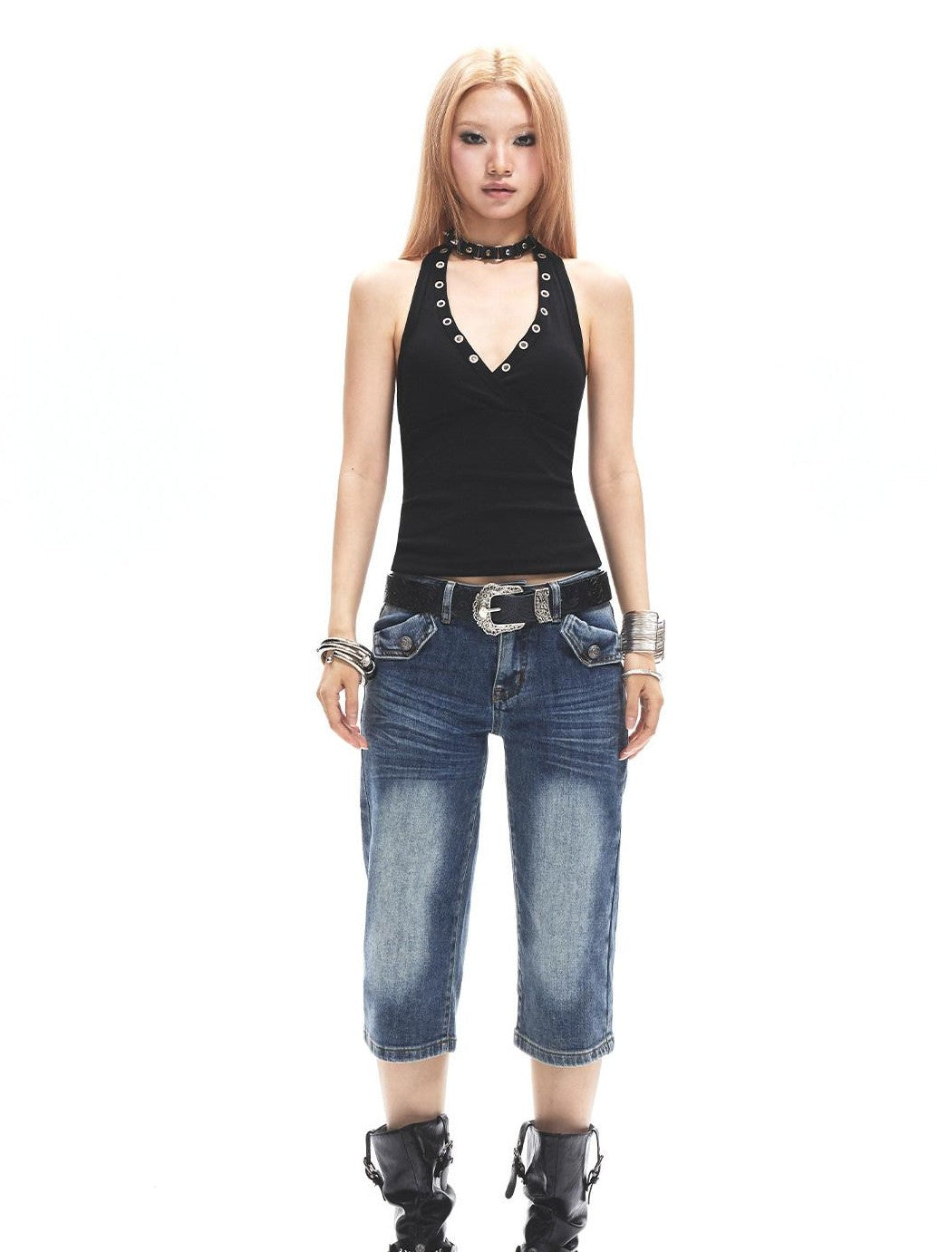 3MODE Vintage Metal Buckle V-neck Waist Cinch Slim Women&