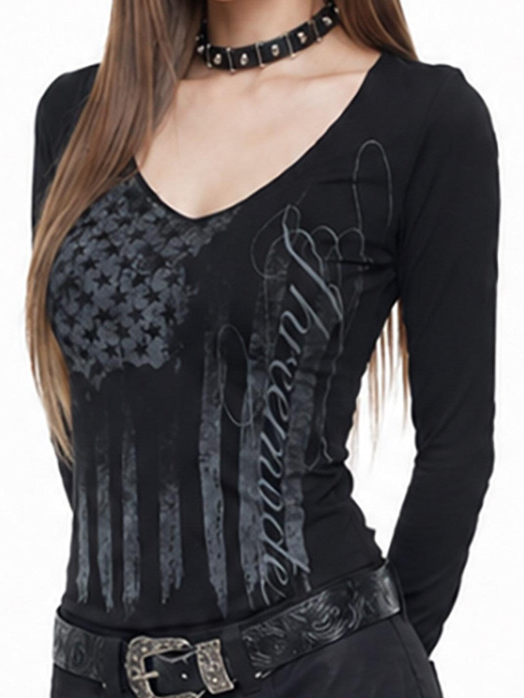 3MODE Vintage Tonal Letter Print Low V Cinched Waist Women&