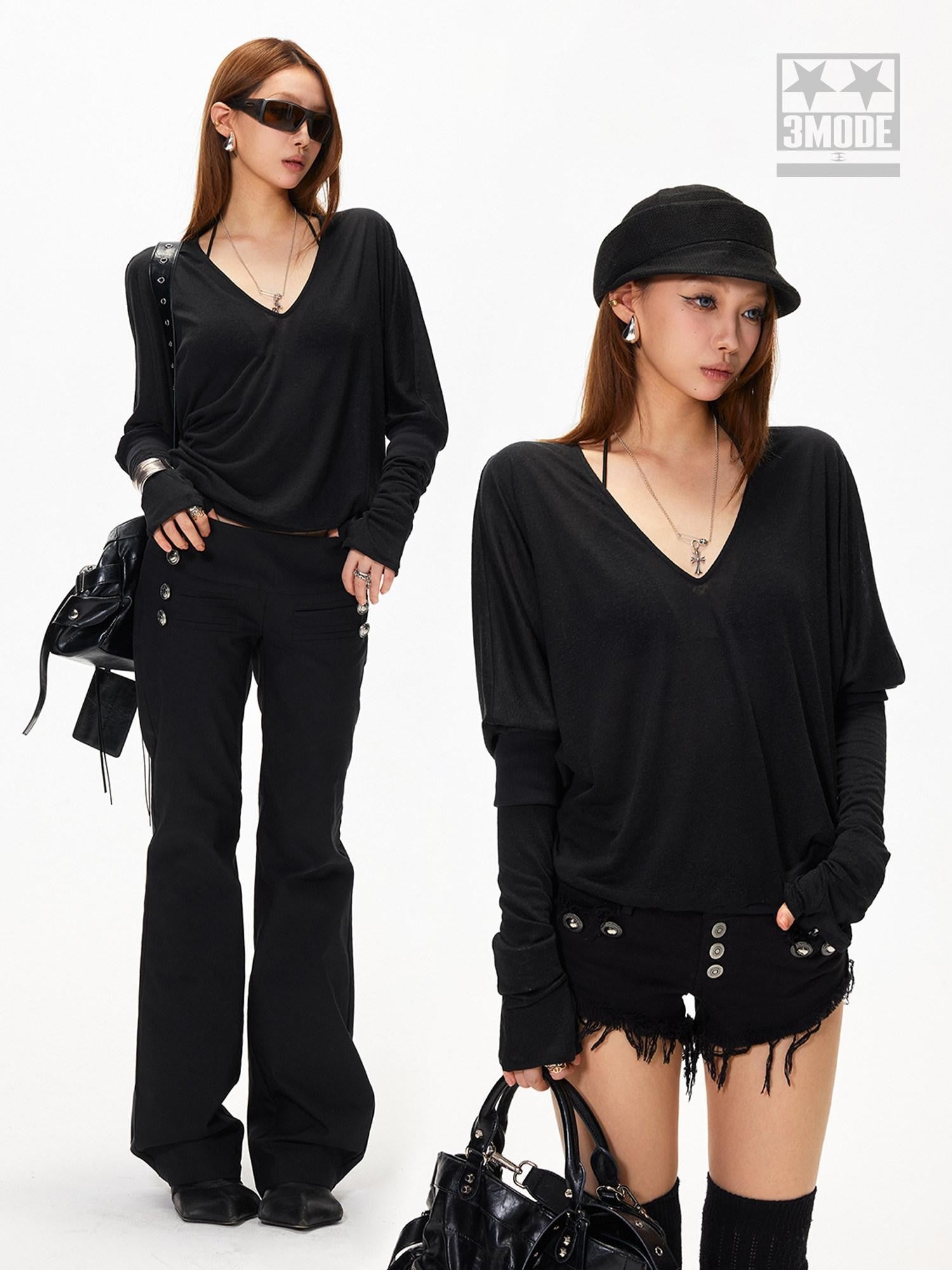 3MODE Vintage V-neck Batwing Drop Shoulder Women&