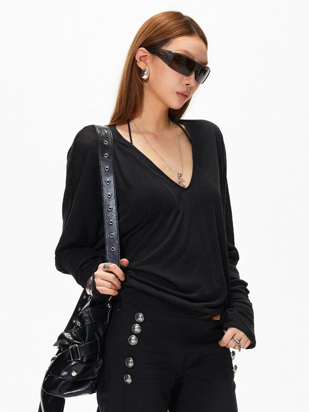 3MODE Vintage V-neck Batwing Drop Shoulder Women&