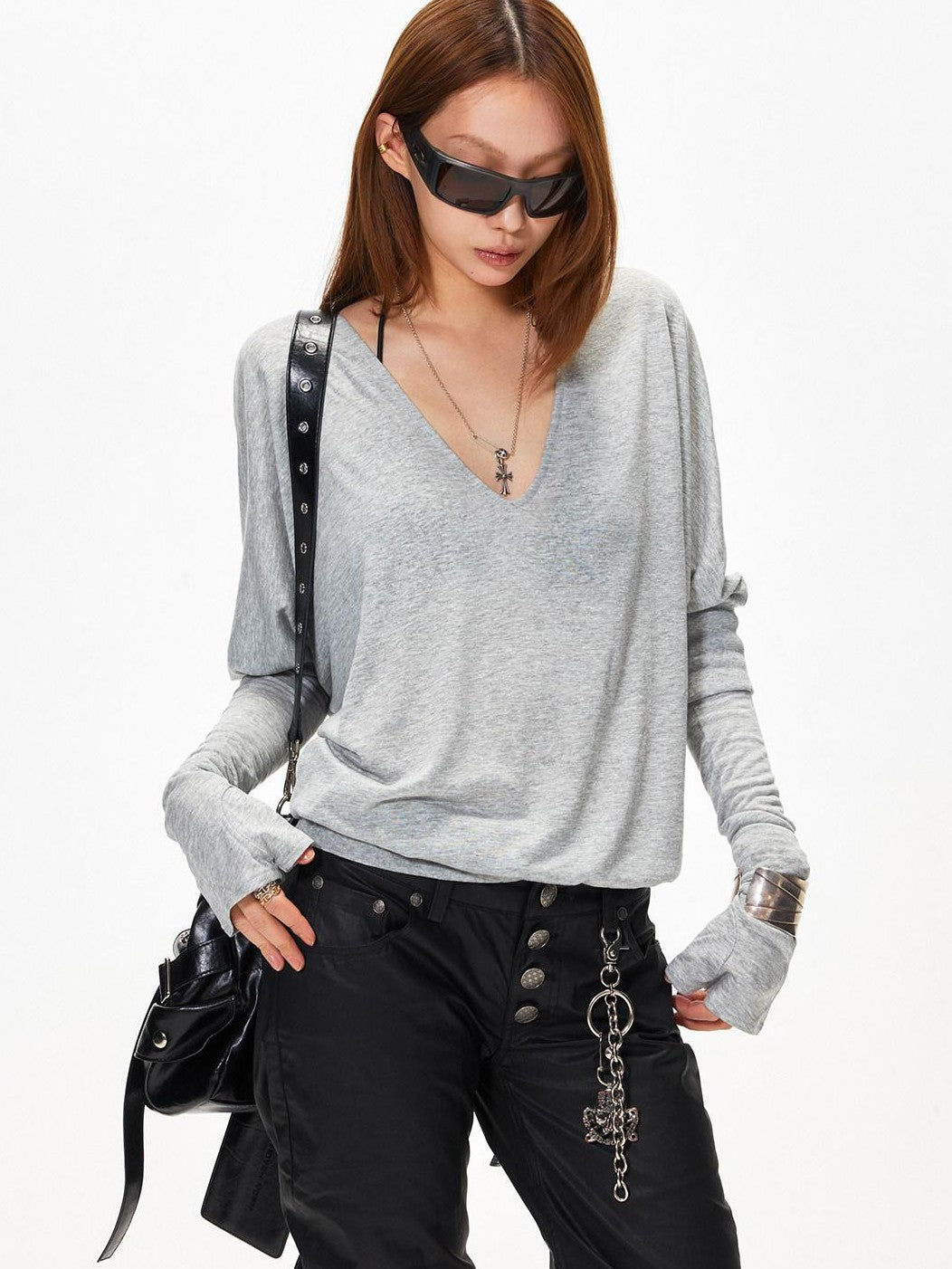 3MODE Vintage V-neck Batwing Drop Shoulder Women&