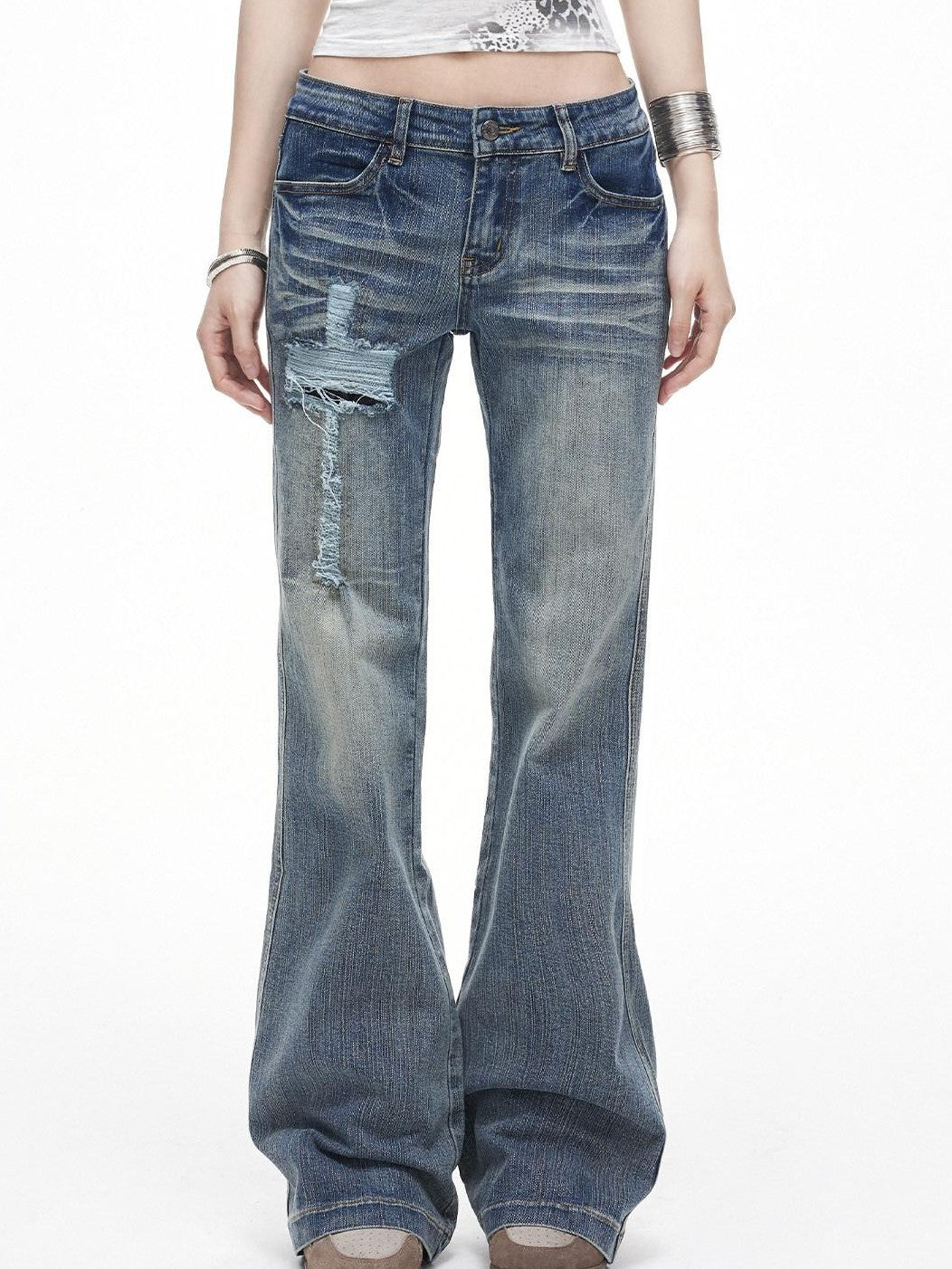 3MODE Vintage Washed Ripped Cross Low Waist Women&