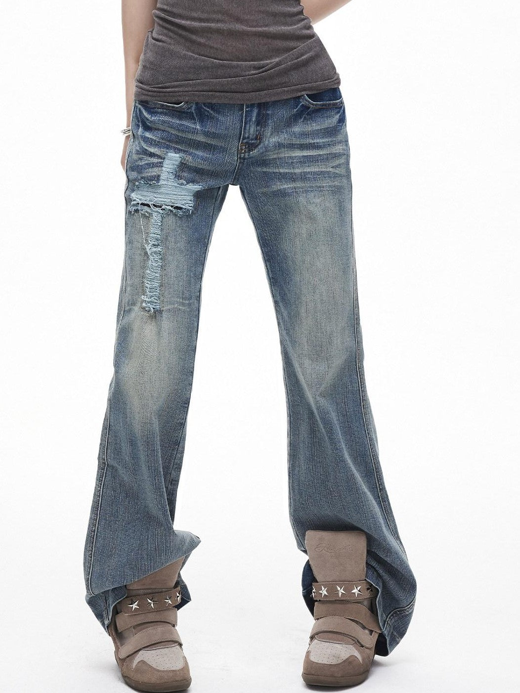 3MODE Vintage Washed Ripped Cross Low Waist Women&