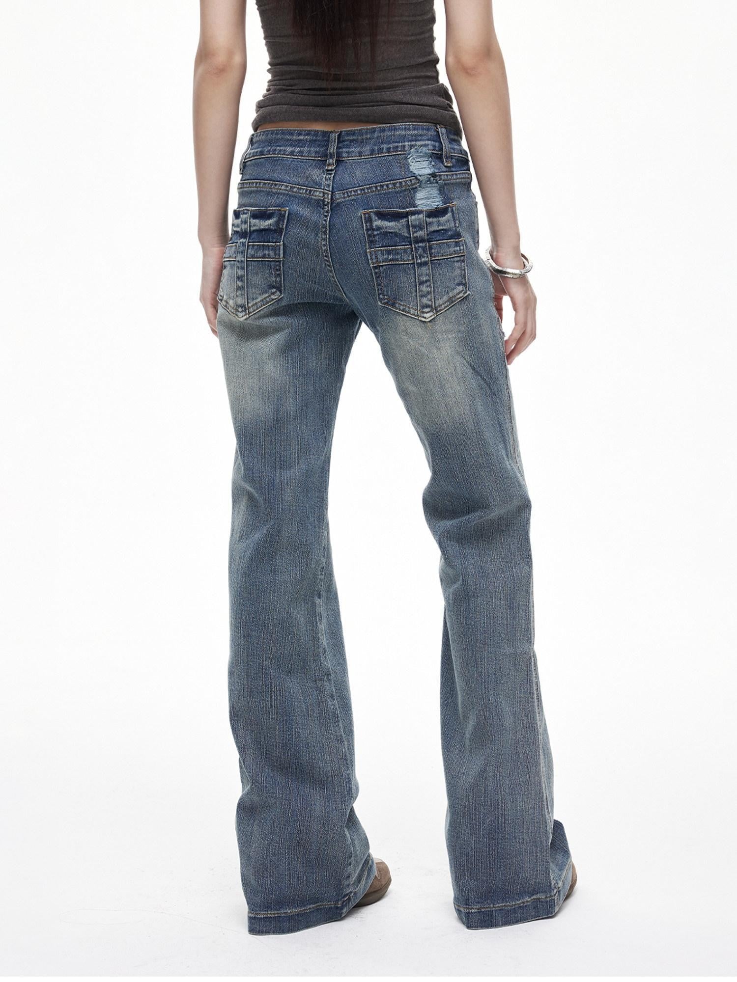 3MODE Vintage Washed Ripped Cross Low Waist Women&