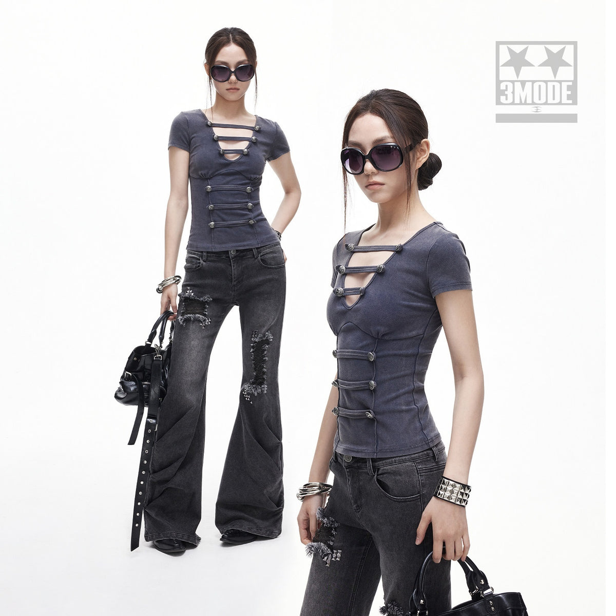 3MODE_Washed_Distressed_Hollowout_Button_V-neck_Women&
