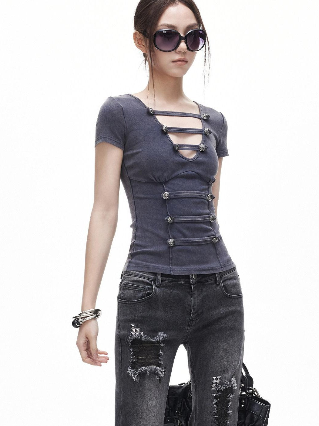 3MODE Washed Distressed Hollowout Button V-neck Women&