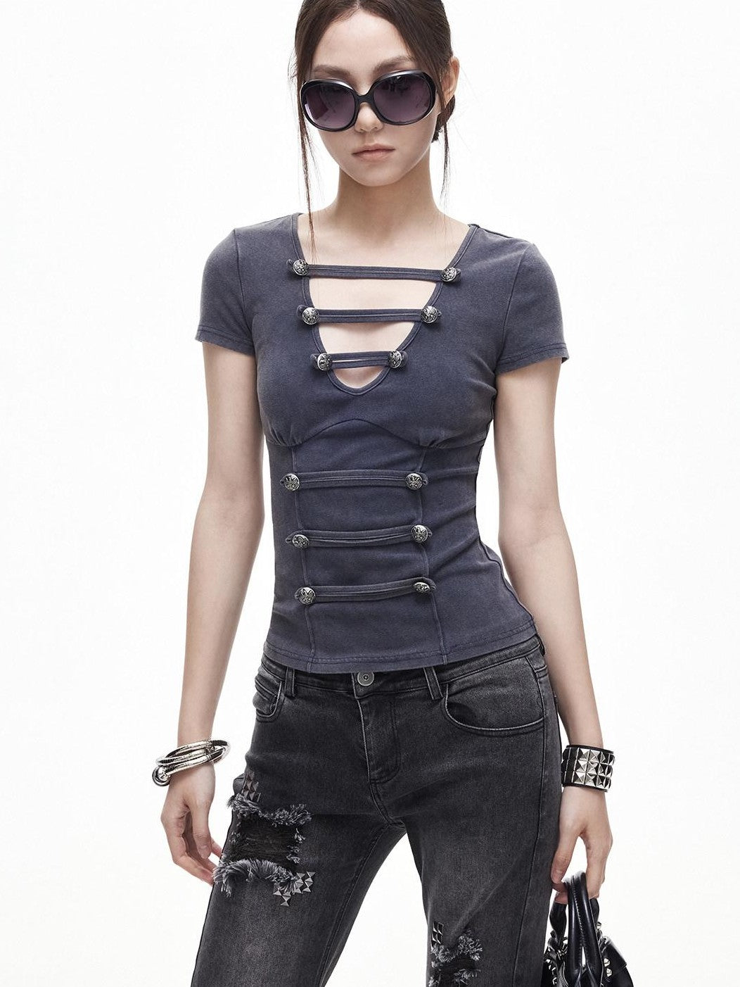 3MODE Washed Distressed Hollowout Button V-neck Women&