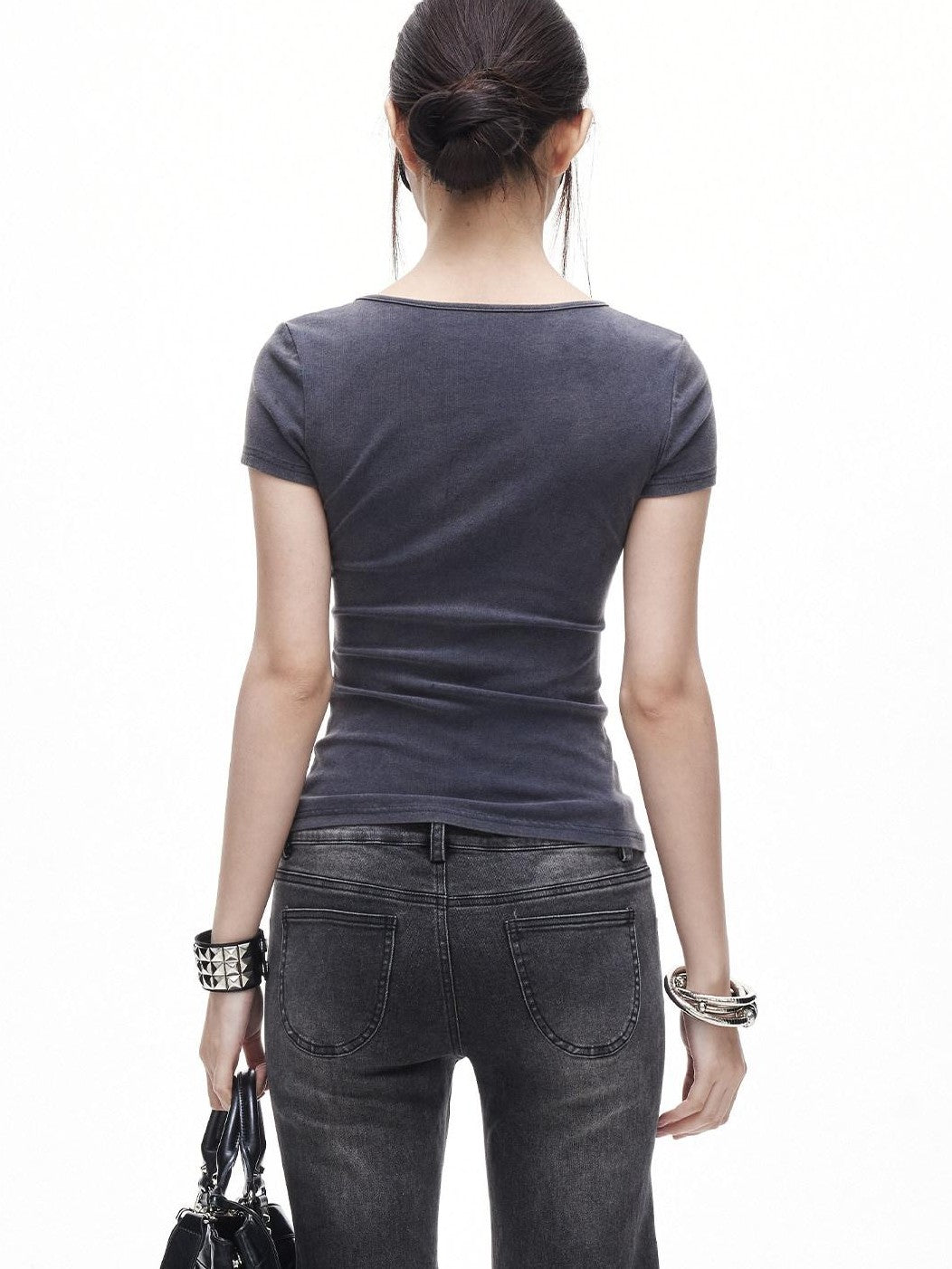 3MODE Washed Distressed Hollowout Button V-neck Women&