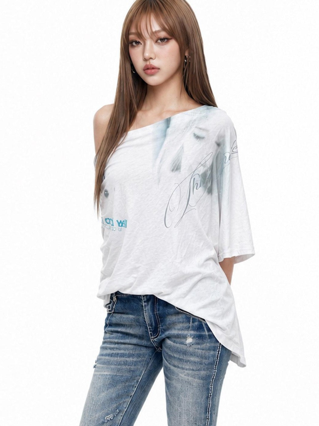 3MODE White Ink Wash Gradient Print Asymmetric Shoulder Women&