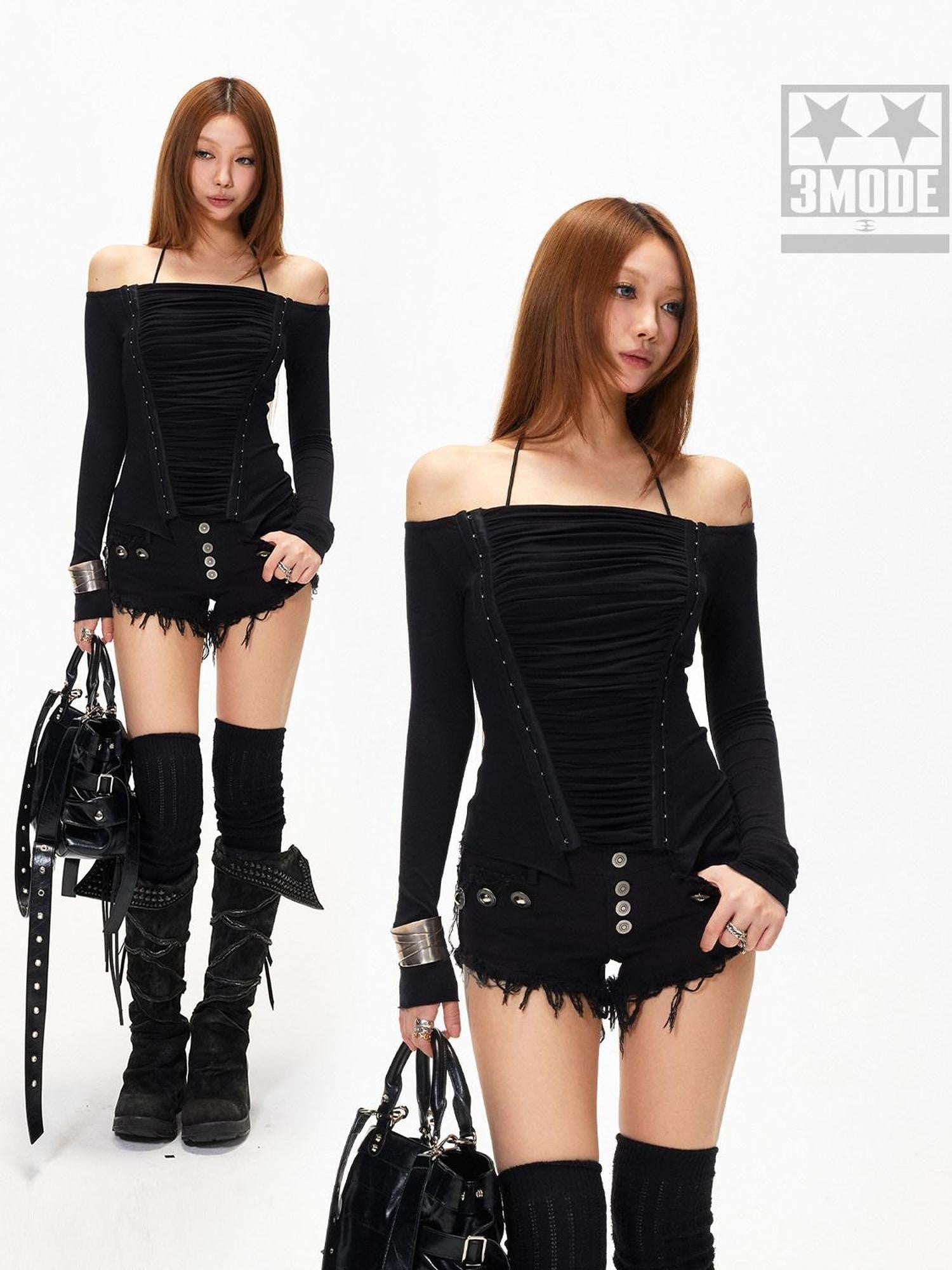 3MODE White Off Shoulder Ruched Slim Fit Women&