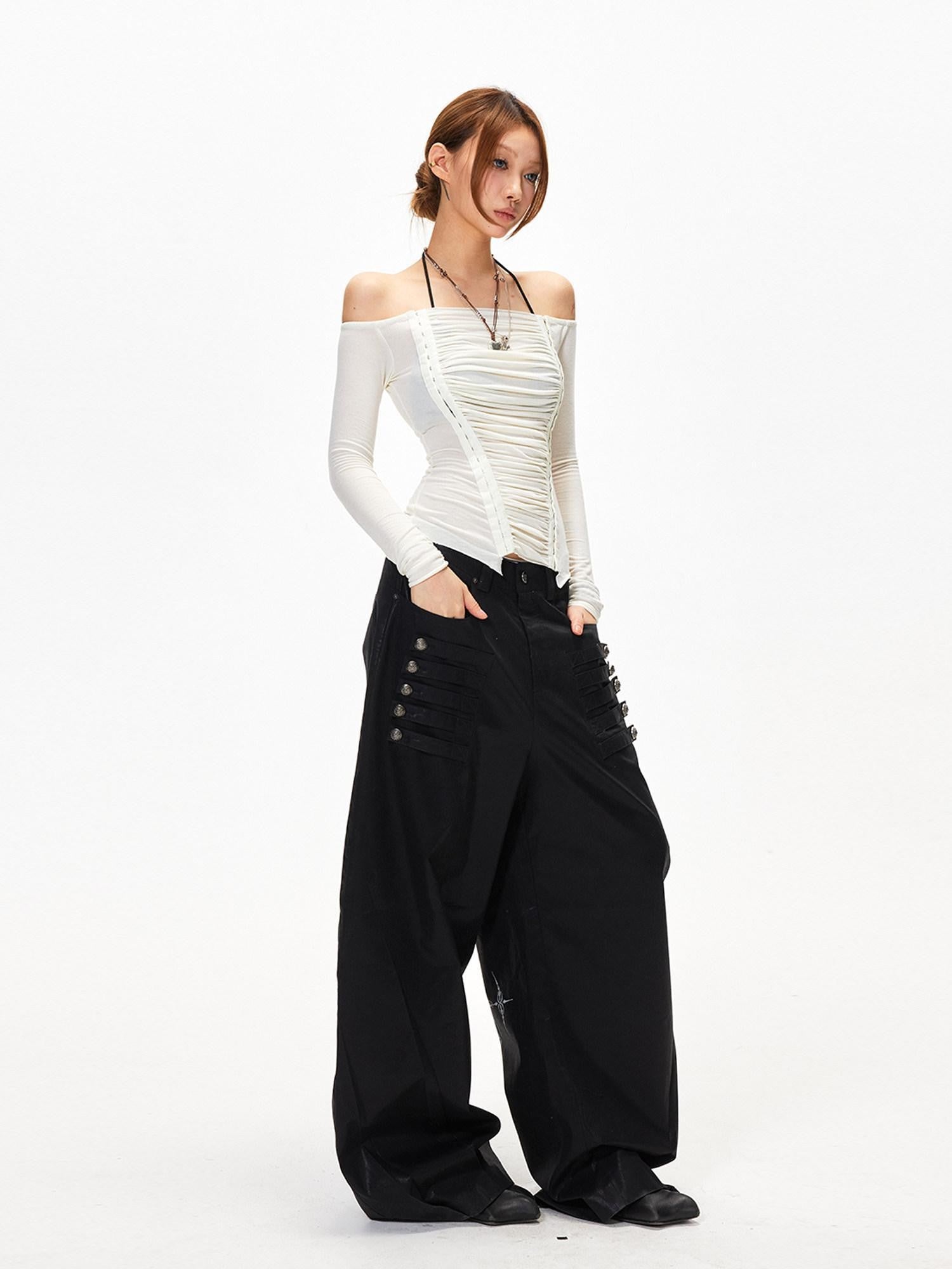 3MODE White Off Shoulder Ruched Slim Fit Women&
