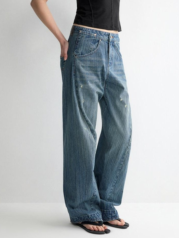 RUN TO THE FUTURE Ripped Washed Durable Low Rise Relaxed Fit Vintage Blue Wide-Leg Jeans