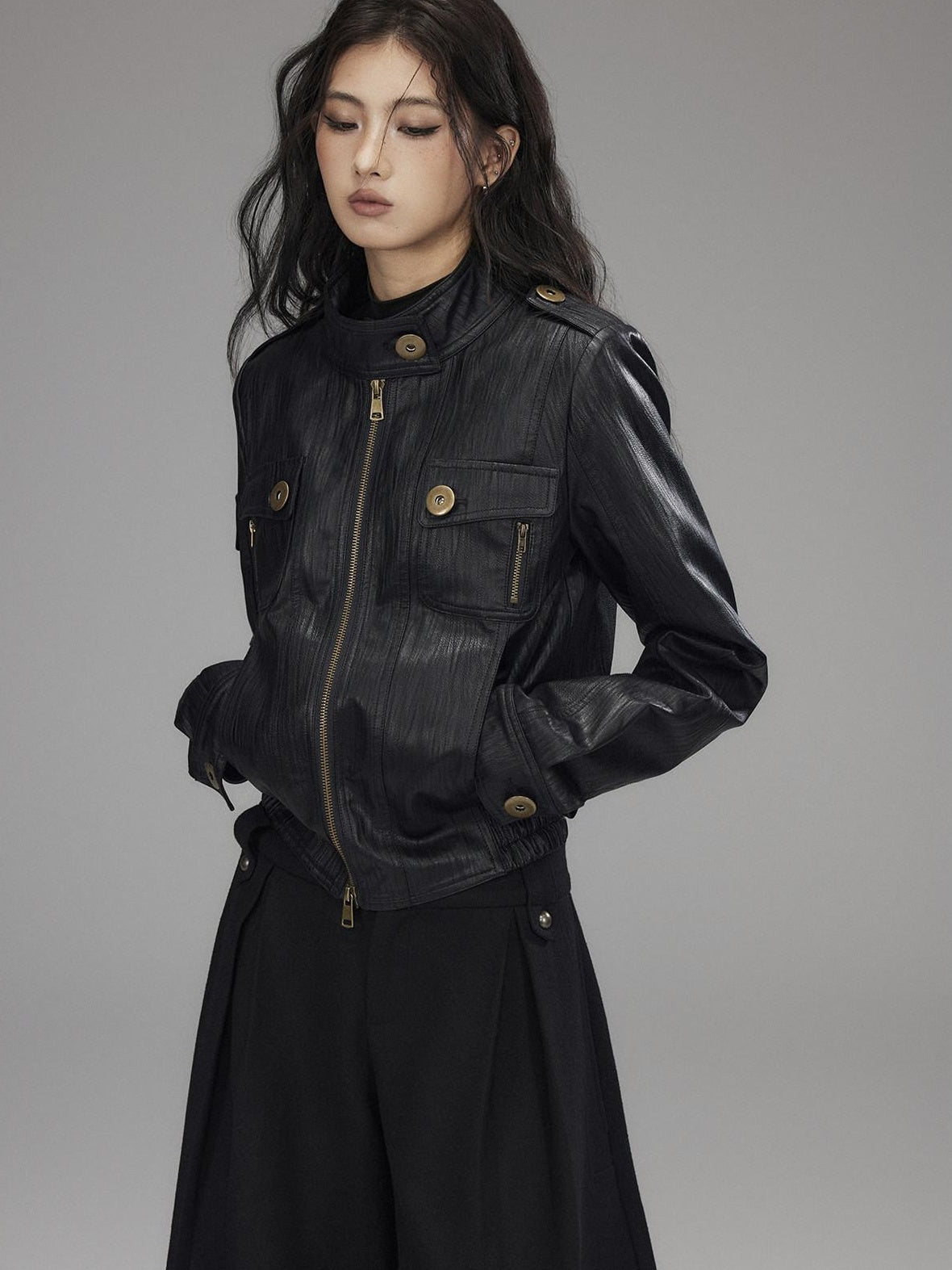 Low pixel Insulated Waist Cinch Workwear Multipocket Lapel Zip Black Women Leather Jackets