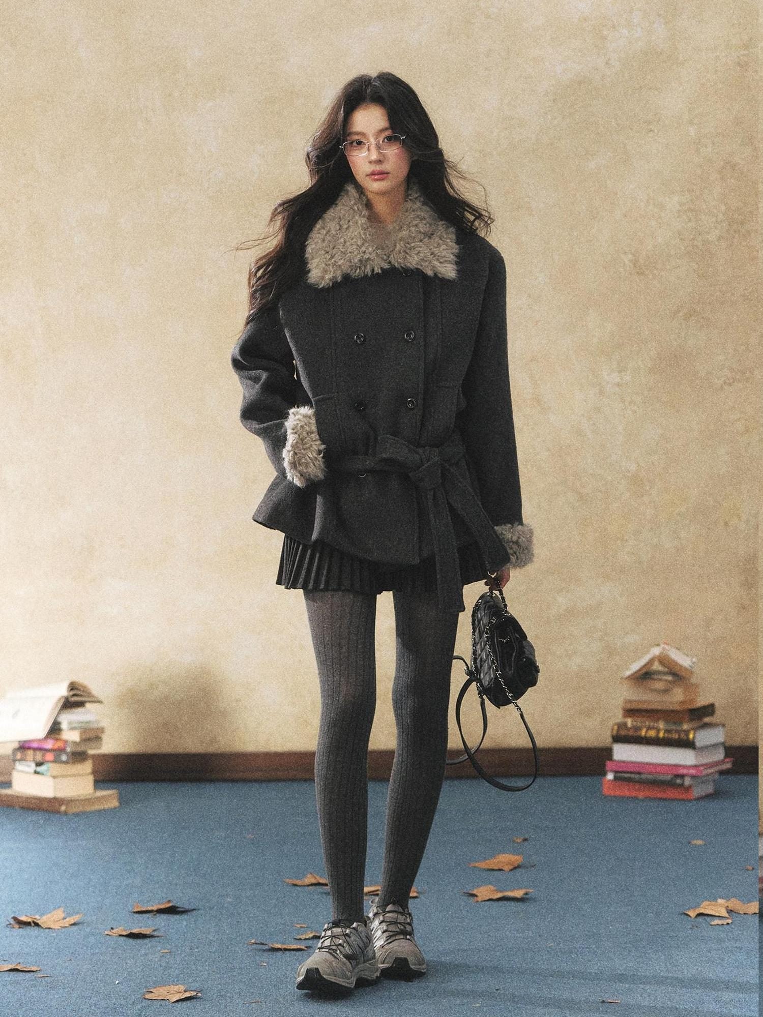 7Shiftin Warm Faux Fur Trim Casual Waist Double Breasted Women Deep Gray Short Coat