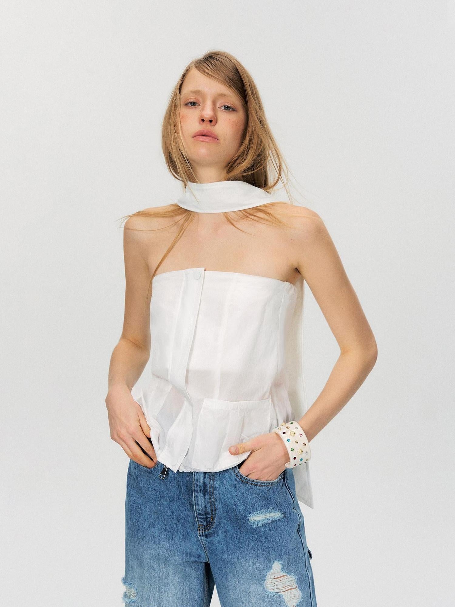 The NeverMore Zipper Front Slim Short Solid White Office Chic Strapless Tube Tops