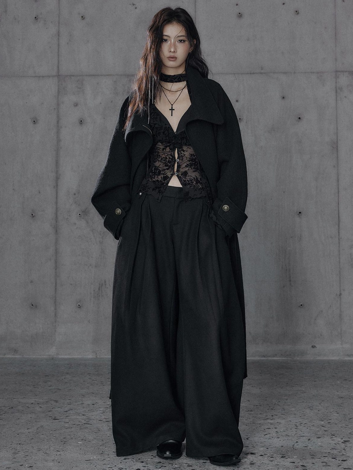 Low pixel Thick Wool Blend Oversized Streetwear European Long Zip Lapel Black Wool Coats