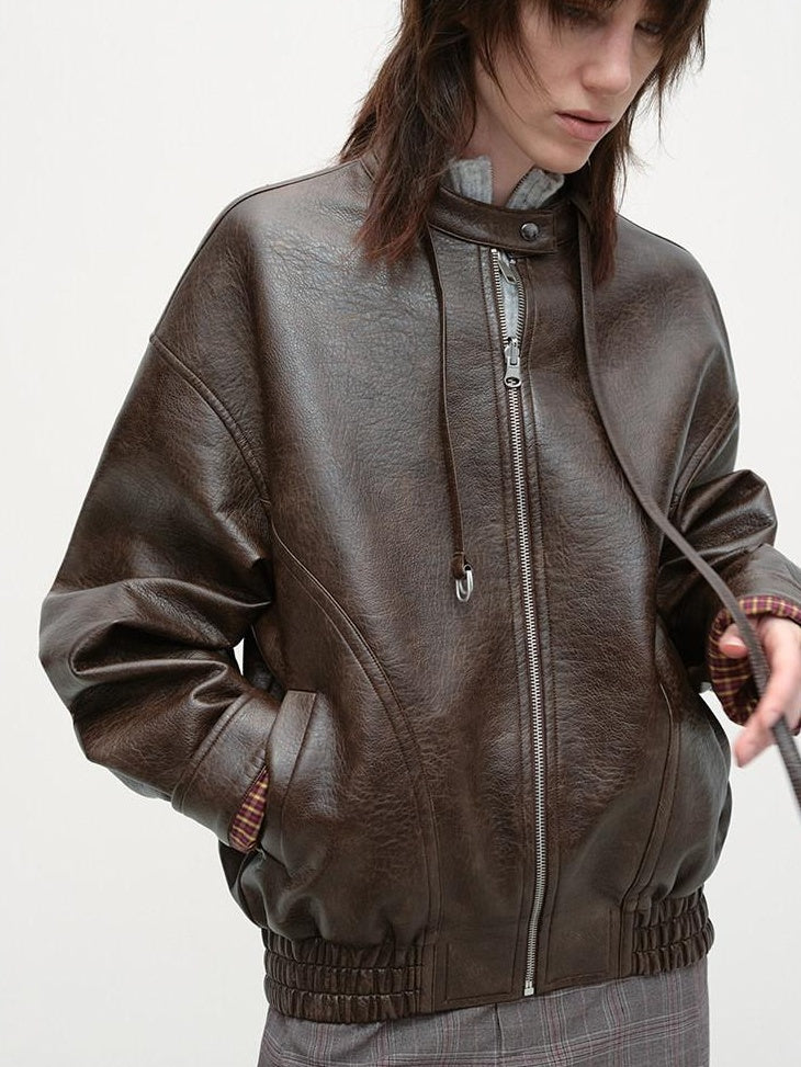 RUN TO THE FUTURE Vintage Brown Zipper Loose Fit Stand Collar Commuter Washed Leather Jackets