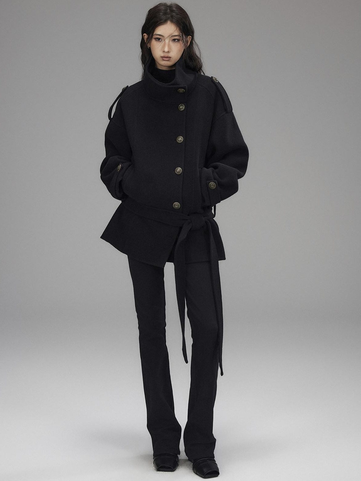 Low pixel Warm Oversized Street Midlength Notch Lapel Wool Cashmere Black Wool Coats