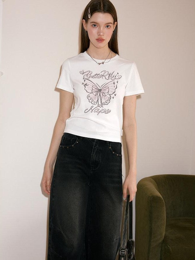 NAPSNAPS Hand Drawn Butterfly Print Slim Cropped Women&