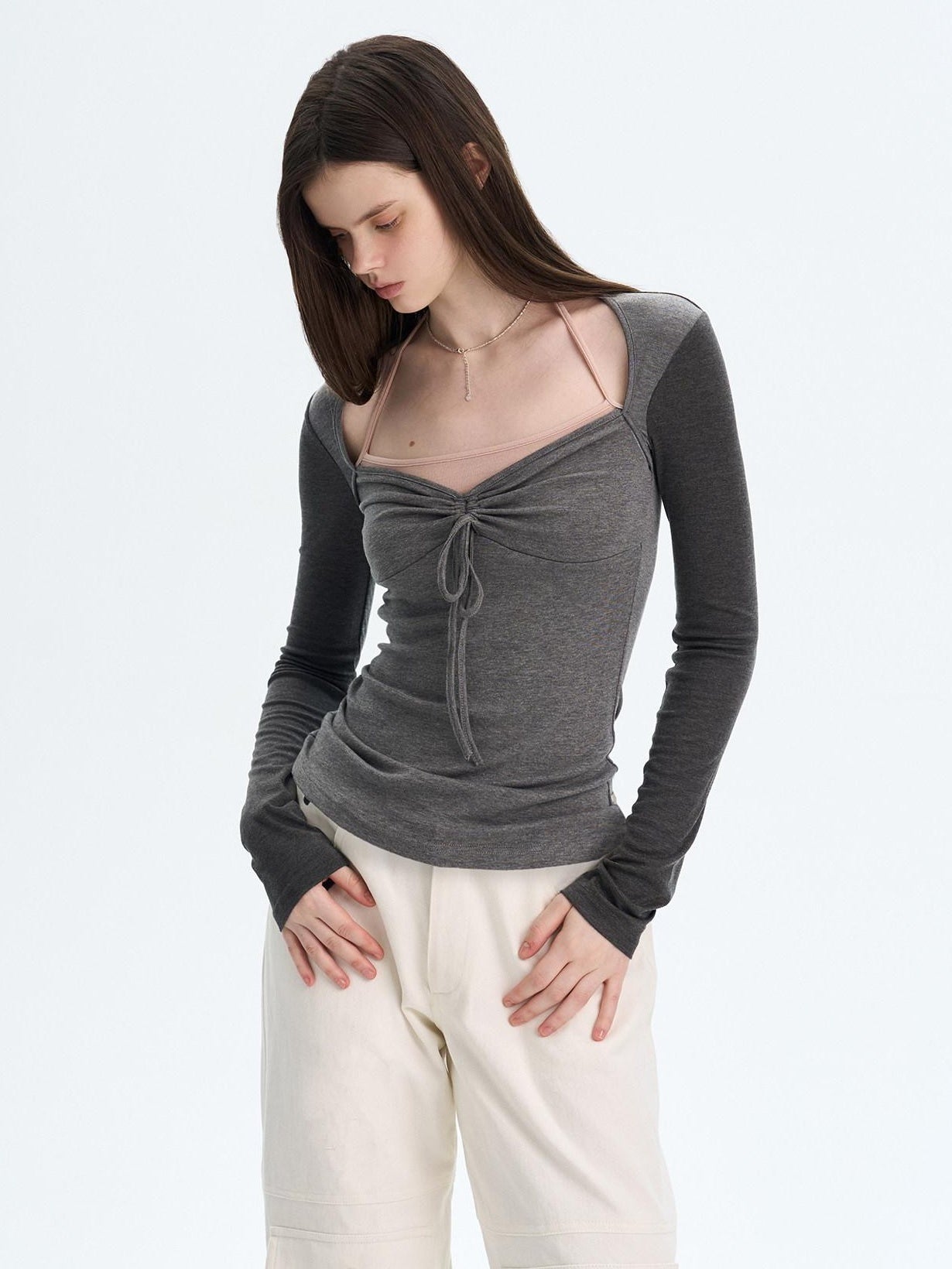 The NeverMore Soft Cotton Blend Printed Square Neck Fitted Women Long Sleeve Crop Tops