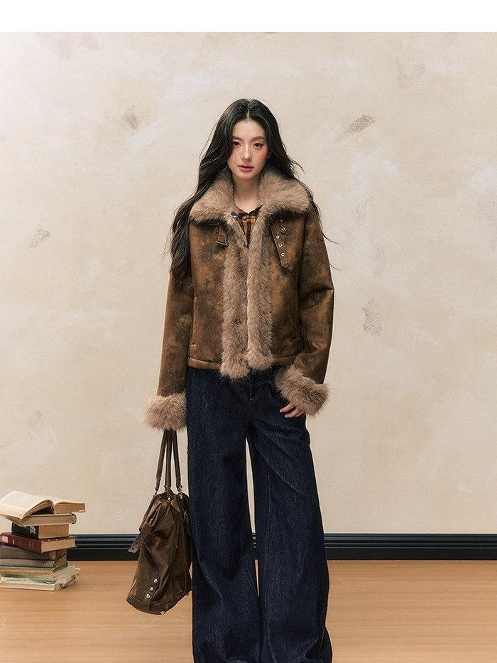 7Shiftin Versatile Warm Slim Fit Lapel Collar Button Front Women Brown Cropped Jackets