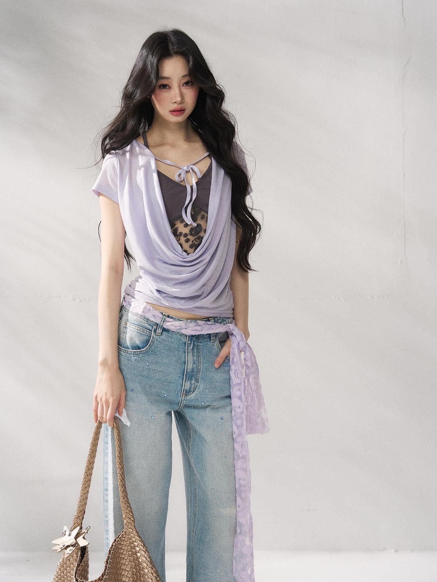 7Shiftin Purple Tie Front Relaxed Crew Neck Short Sleeve Casual Women Basic Crop Tops