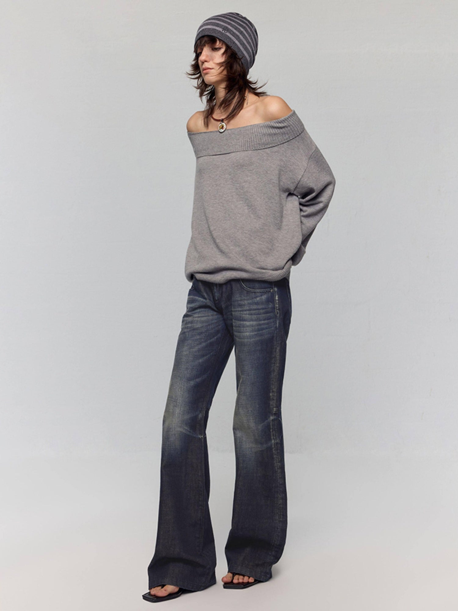 RUN TO THE FUTURE Vintage Commuter Loose Tie Asymmetric Neck Women Grey Knit Long Sleeve T-Shirts