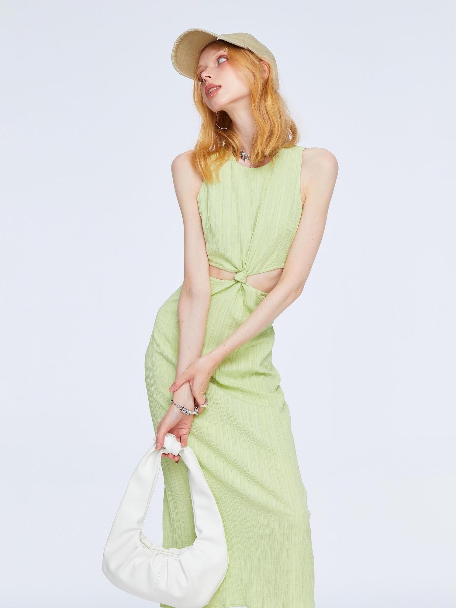 The NeverMore High Waist Pleated Street A Line Sleeveless Women Green Maxi Dresses