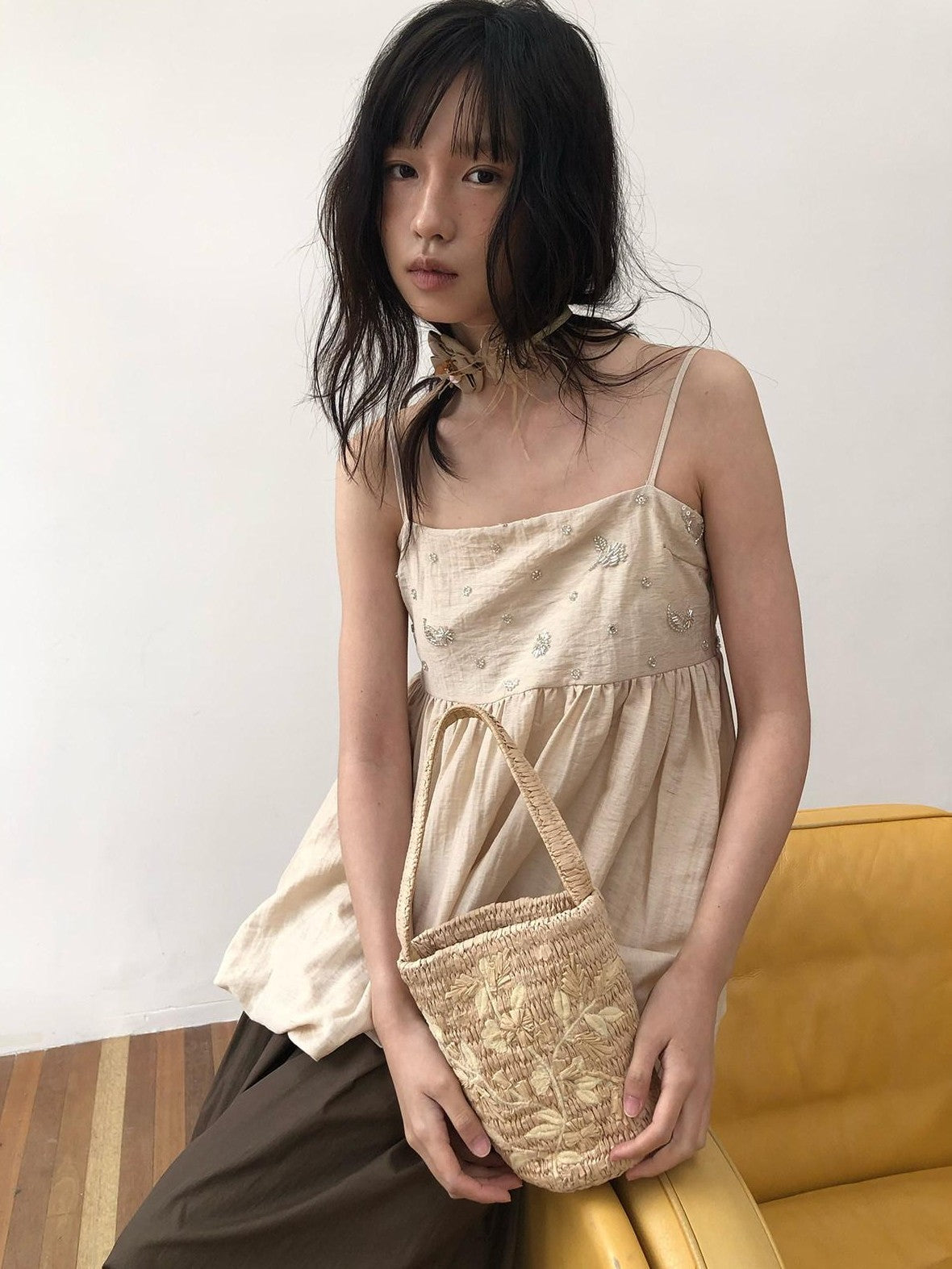 Dorydory Apricot Beige Beaded Square Neck Tulip Hem Women&