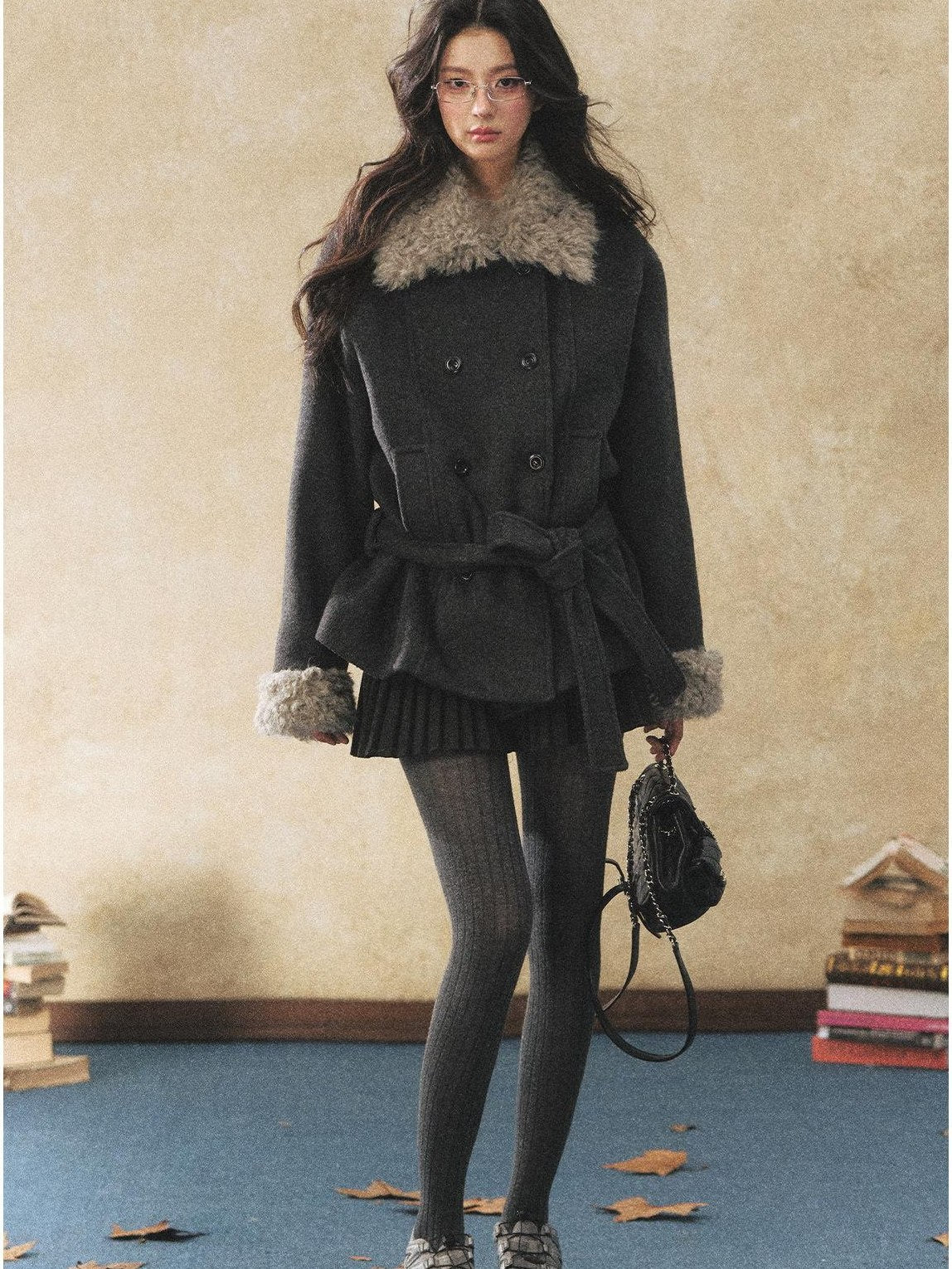 7Shiftin Warm Faux Fur Trim Casual Waist Double Breasted Women Deep Gray Short Coat