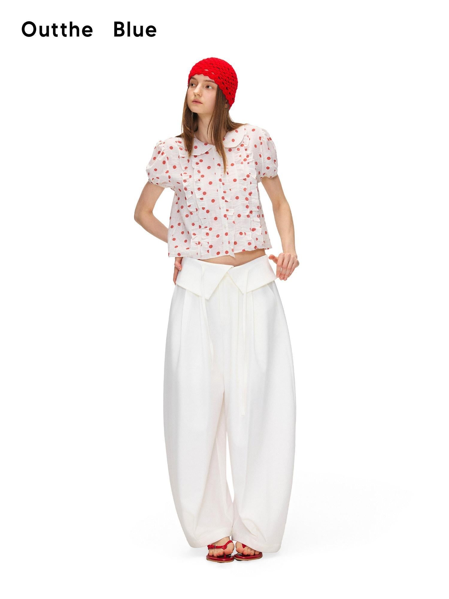 OuttheBlue Waist Cinch Ruffle Casual Puff Sleeve Doll Collar Polka Dot Women Shirts