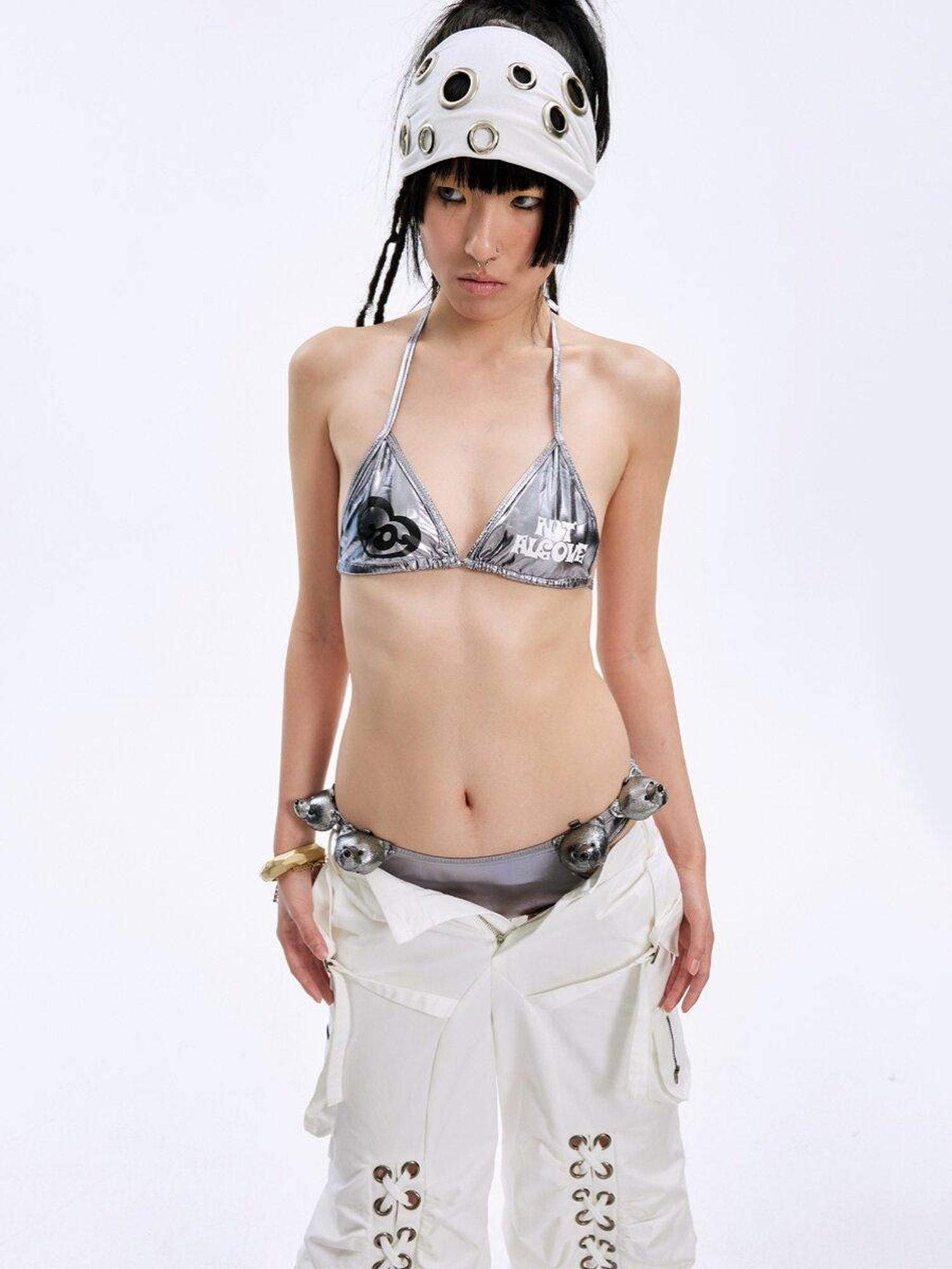 nit alcove Original Design No Padding Halter Short Top Heart Print Women Silver Gray Bikini