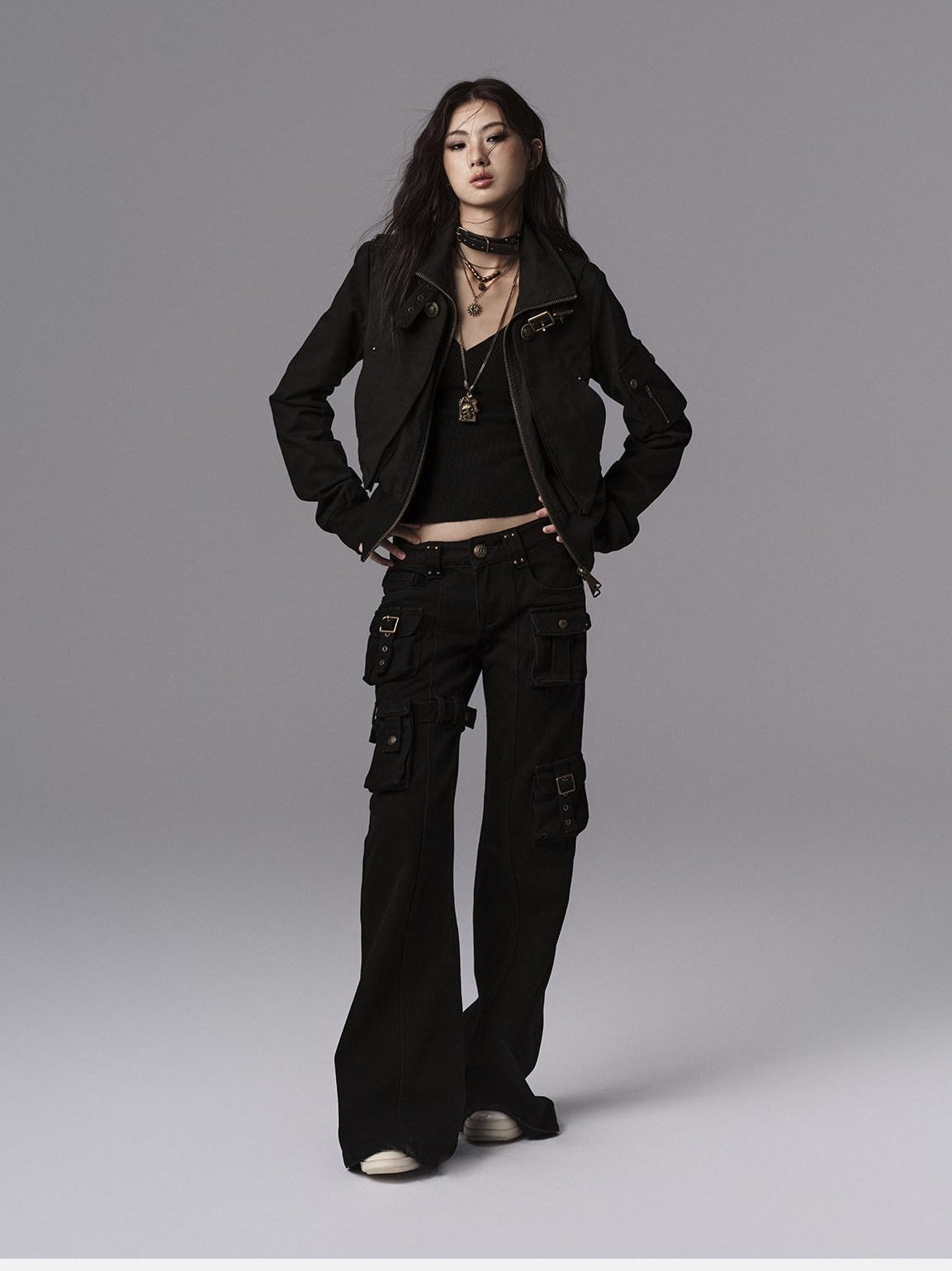 Low pixel Waist Cinched Gothic Slim V-neck Black Women Pullover Cropped Jackets