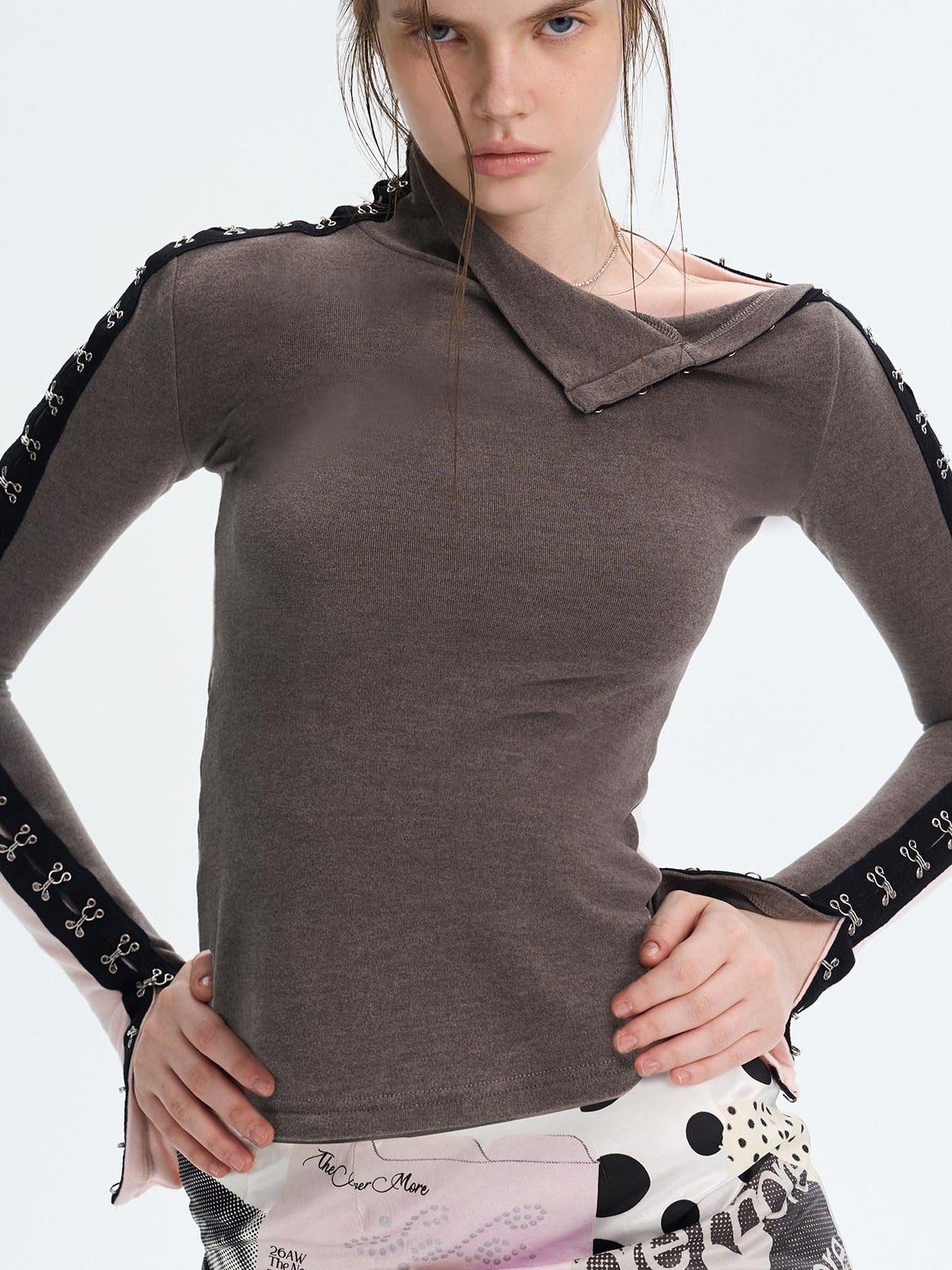 The NeverMore Brushed Viscose Spandex Sexy Slim Half Open Collar Long Sleeve Crop Tops