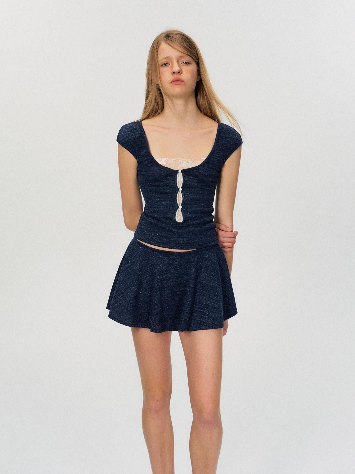 The NeverMore Two Piece Pullover Top And Skirt Women White Navy Short Sleeve T-Shirts