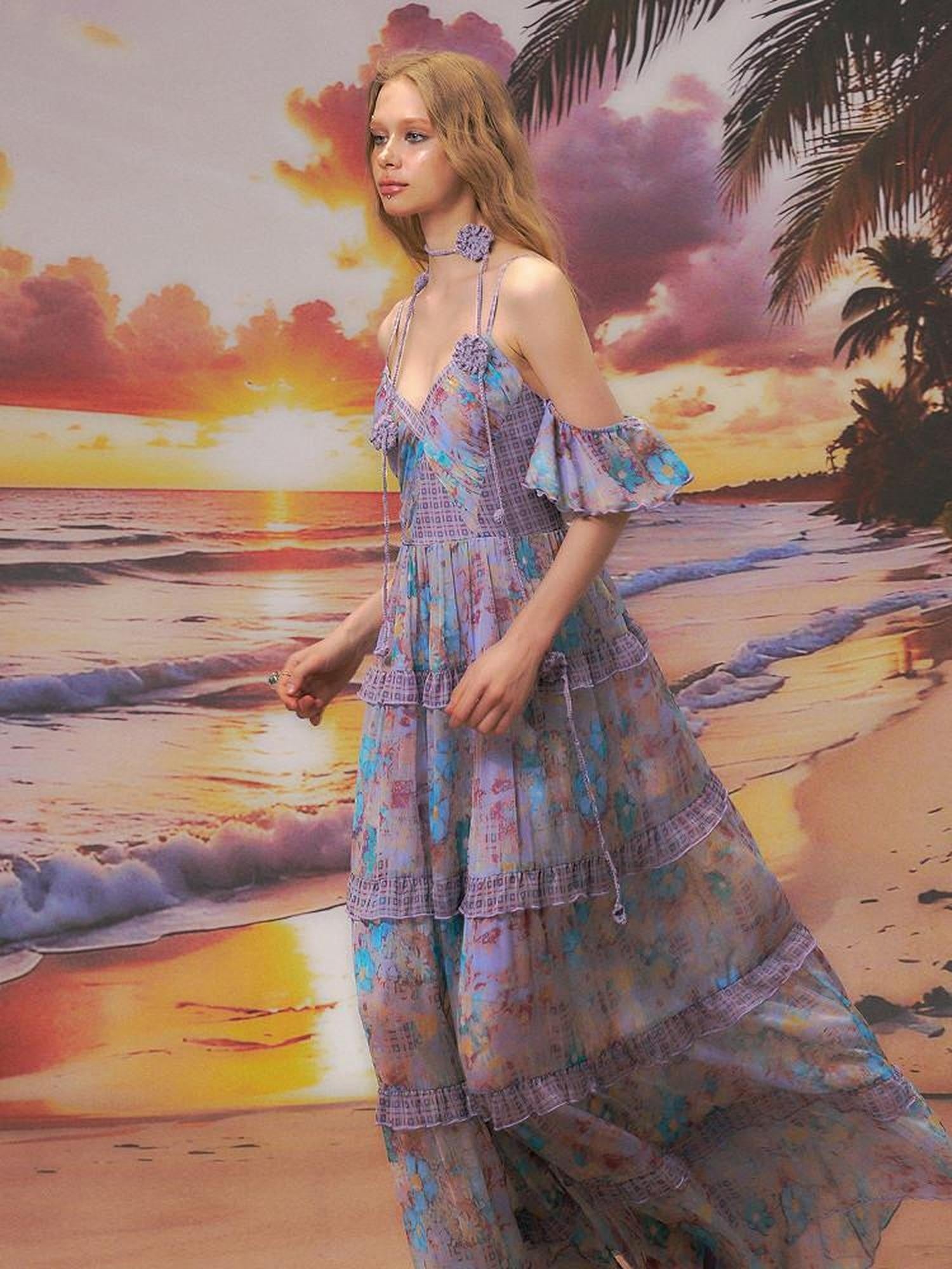 The NeverMore High Waist A Line V-neck Strappy Street Women Blue Purple Polyester Maxi Dresses