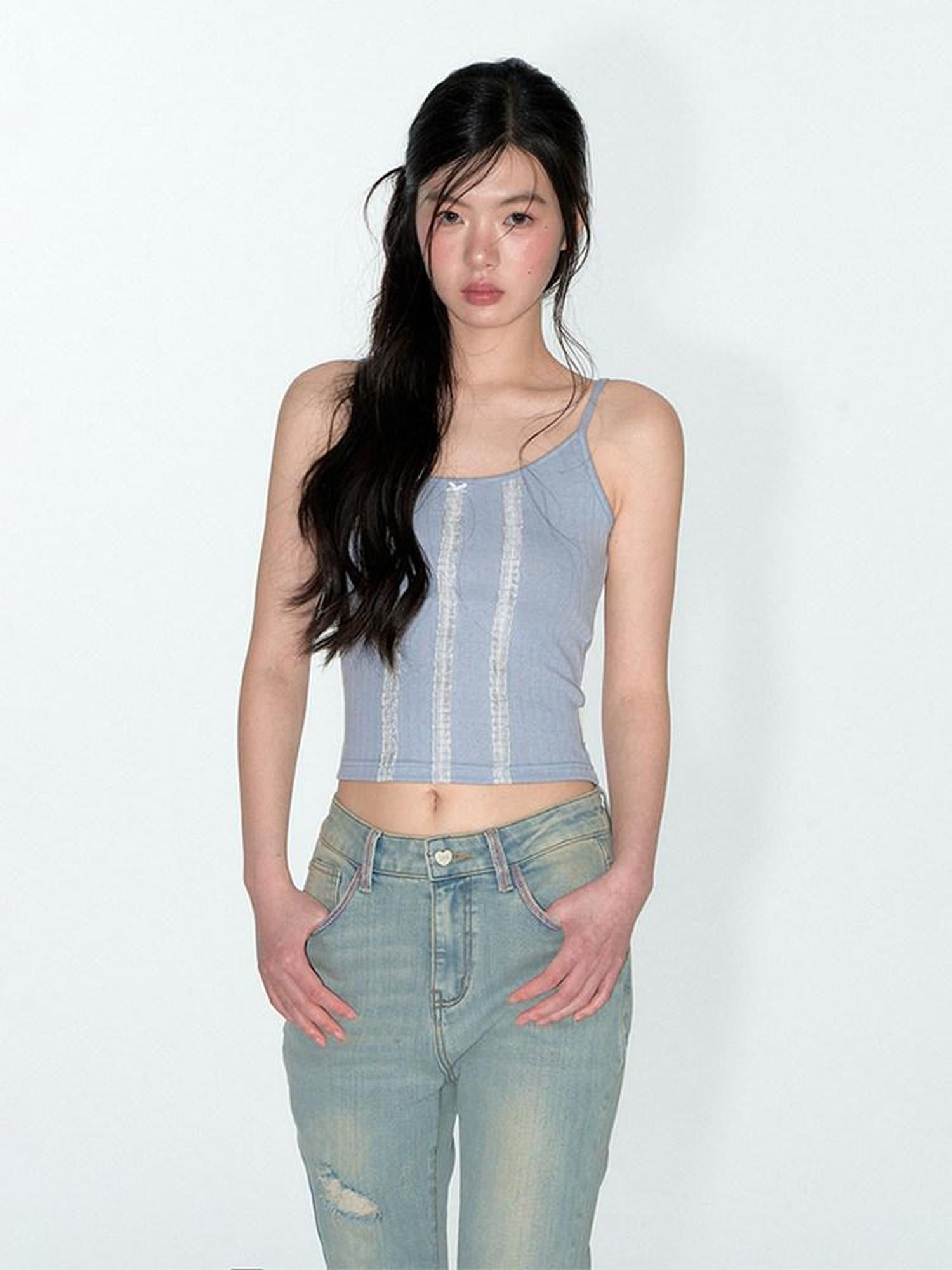 NAPSNAPS Layered Cropped Spliced Lace Trim Women&