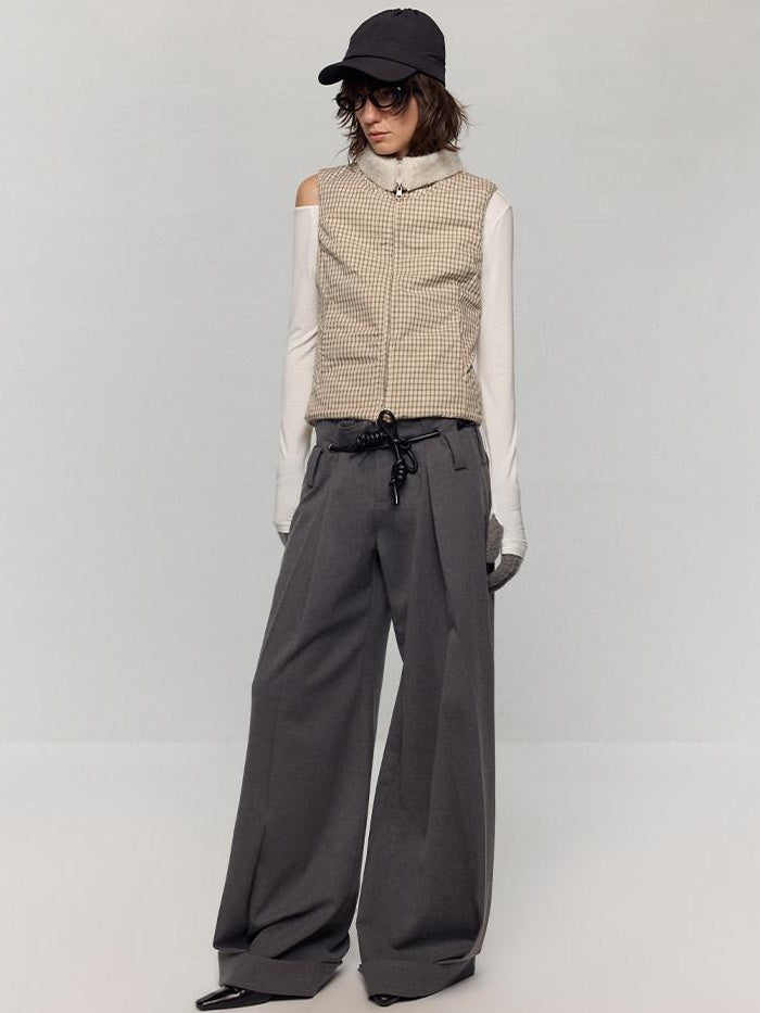 RUN TO THE FUTURE Minimalist Original Tie Detail Low Rise Zipper Women Rock Gray Wide-Leg Pants