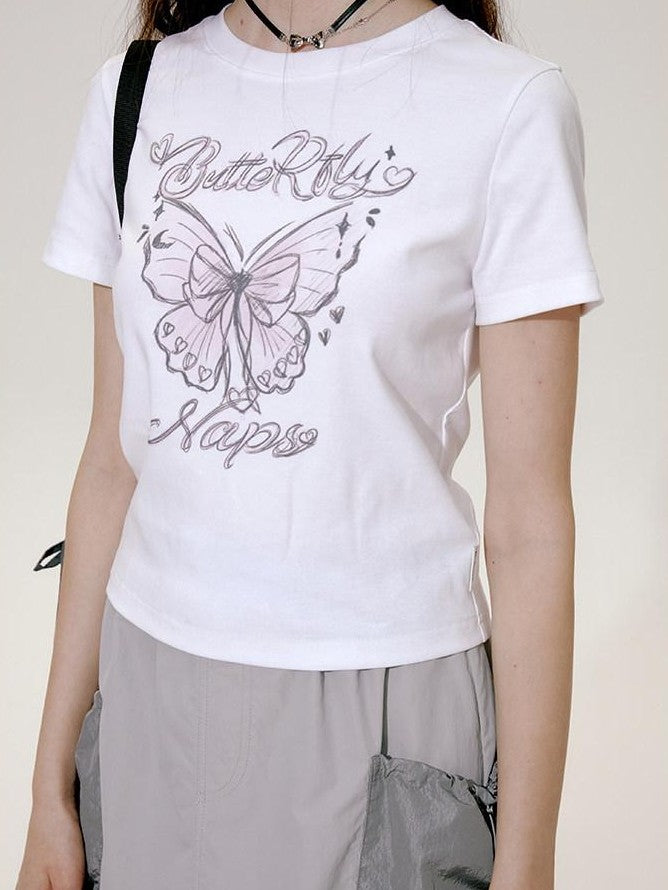NAPSNAPS Hand Drawn Butterfly Print Slim Cropped Women&